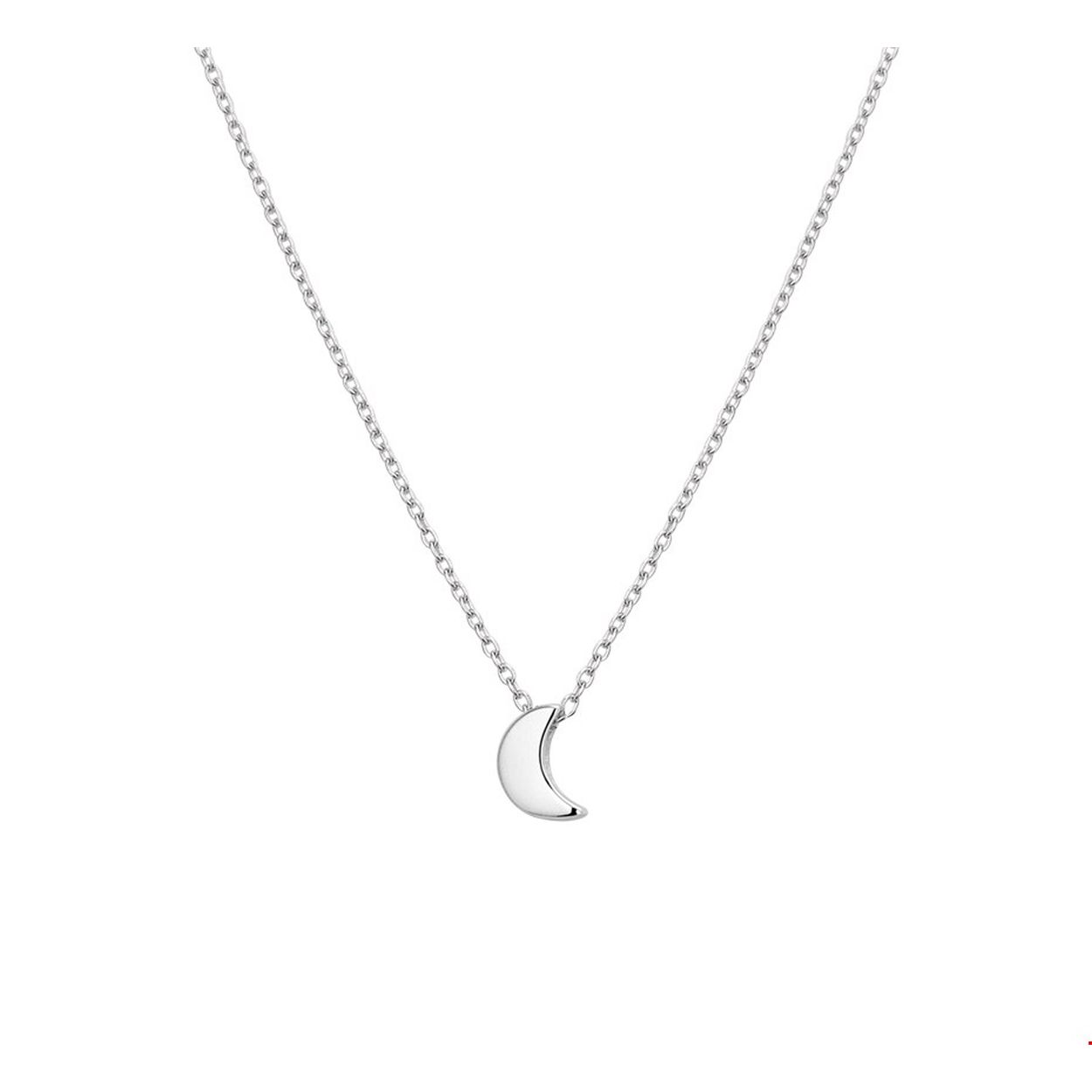 Zilver gerhodineerd poli anker collier met een halve maan hanger die een afmeting van 8x5.5mm heeft. Het collier heeft een lengte van 40cm met een extensie 4cm en de schakelbreedte is 1.3mm.