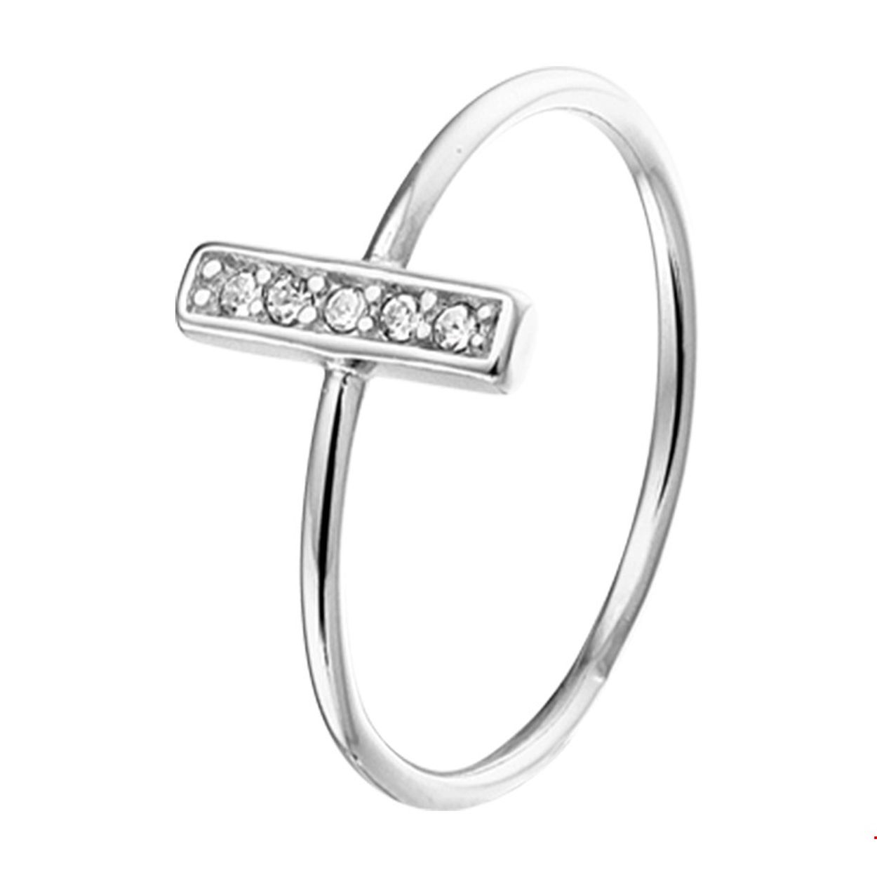 Trendy gerhodineerd zilveren ring met een rijzetting van briljant geslepen zirkonia in een balkje. Het balkje heeft een afmeting van 3x10mm. De ring is perfect te combineren met bijpassende sieraden uit onze collectie. Ben je helemaal van het hier en nu dan kan deze ring met trendy balkje niet ontbreken in jou stash! Info: Gerhodineerd zilver is door de rhodiumlaag beter bestand tegen verkleuren en krassen.