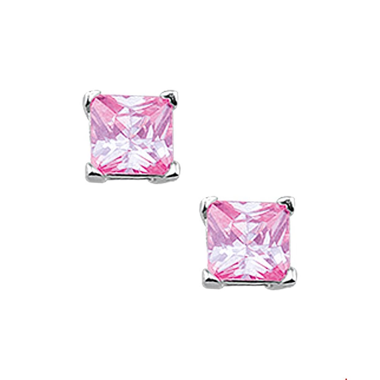 Zilveren oorknoppen met roze zirkonia.