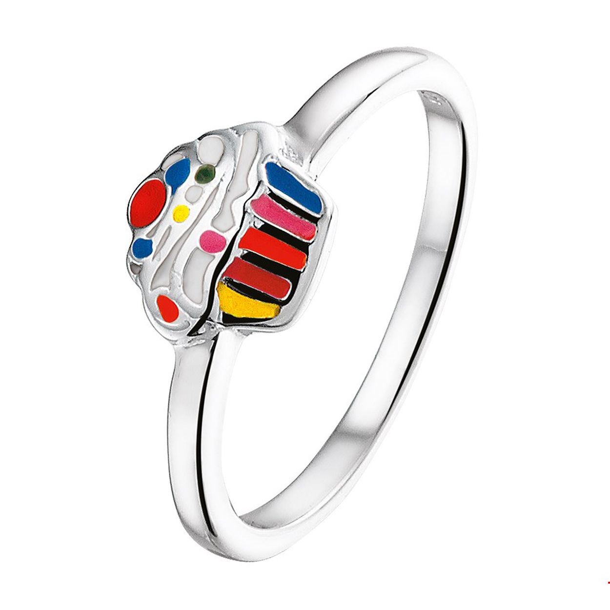 Leuk gerhodineerd zilveren cupcake ring uitgevoerd met een kleurrijke emaille afwerking. De ring is er in verschillende maten en heeft een breedte van 9mm. U kunt deze ring combineren met bijpassende sieraden uit onze collectie. Tip: Leuk om kado te geven! Wat zal ze stralen met alle die mooie kleurtjes! INFO: Gerhodineerd zilver is door de rhodiumlaag beter bestand tegen verkleuren en krassen.