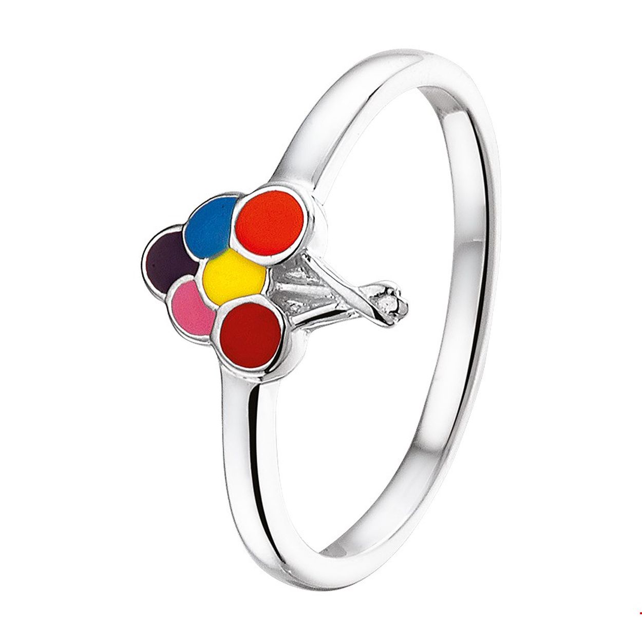 Leuk gerhodineerd zilveren balonnen ring uitgevoerd met een kleurrijke emaille afwerking. De ring is er in verschillende maten en heeft een breedte van 9mm. U kunt deze ring combineren met bijpassende sieraden uit onze collectie. Tip: Leuk om kado te geven! Wat zal ze stralen met alle die mooie kleurtjes! INFO: Gerhodineerd zilver is door de rhodiumlaag beter bestand tegen verkleuren en krassen.