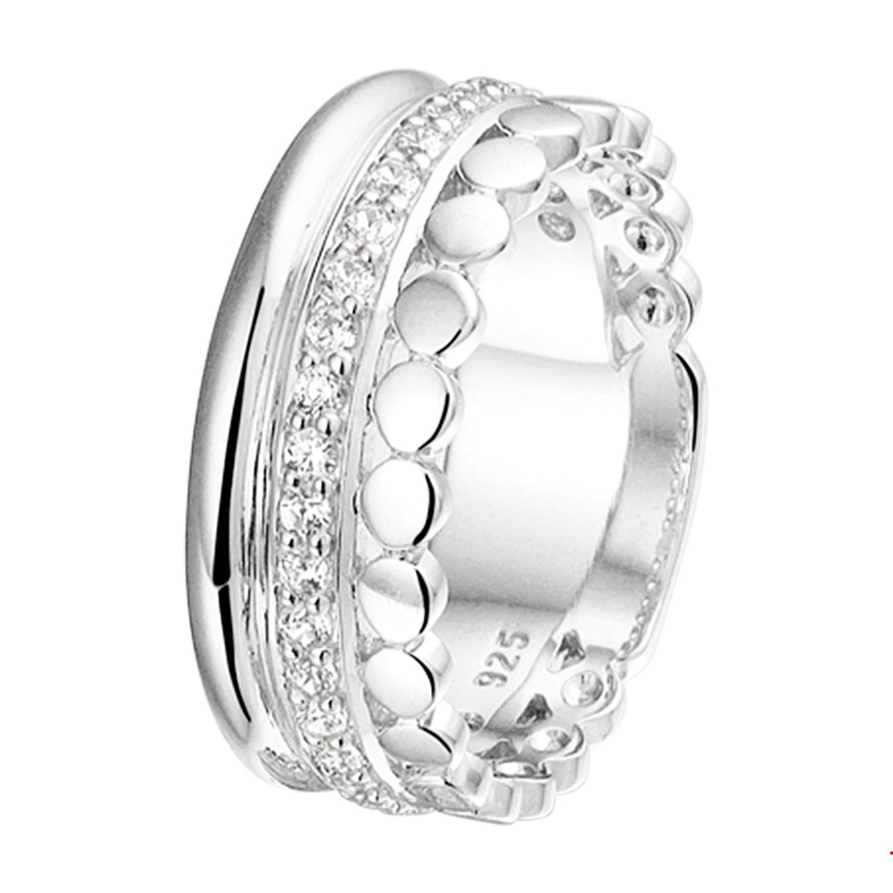 Trendy gerhodineerd zilveren 8mm brede damesring uitgevoerd met briljant geslepen zirkonia in een luxe rijzetting. Door het model lijkt het alsof je drie verschillende ringen om hebt. Tip: Door het model is deze ring veelzijdig te combineren met andere sieraden. Zo creeer je elke keer weer een andere look!.