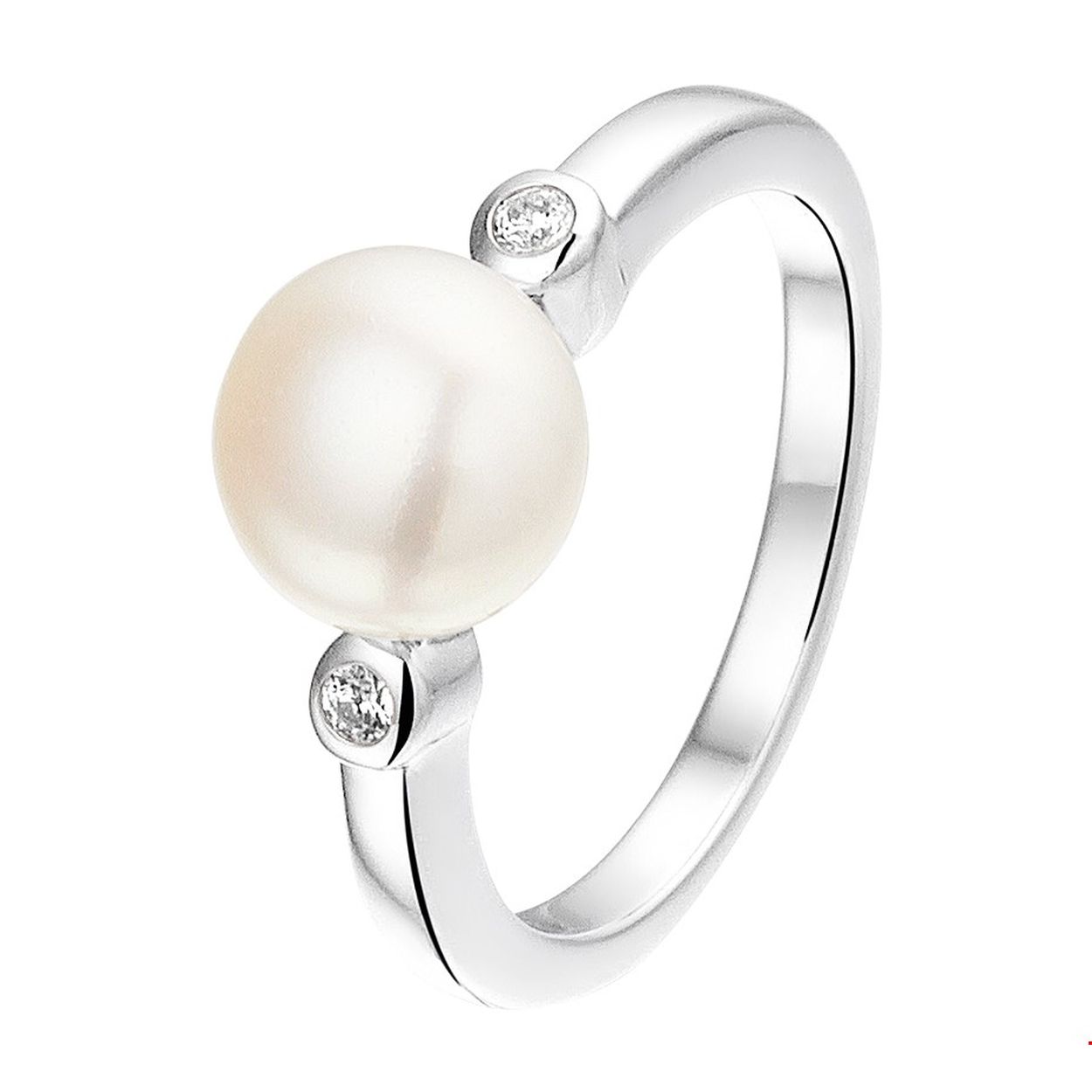 Klassiek gerhodineerd zilveren ring uitgevoerd met een 8.5 mm zoetwaterparel en briljant geslepen zirkonia in een zetkast. De ring is te combineren met bijpassende sieraden uit onze collectie.