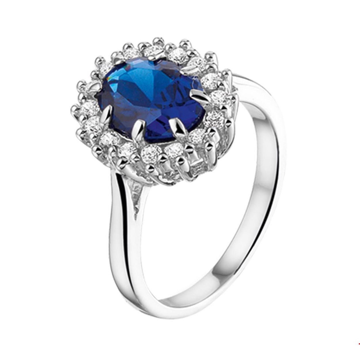 Beschrijving: Gerhodineerd zilveren ring met een rozet van synthetische saffier en zirkonia. 
Doelgroep: dames
Ringmaat: 17.25 mm (54)
Breedte: 11.5 mm