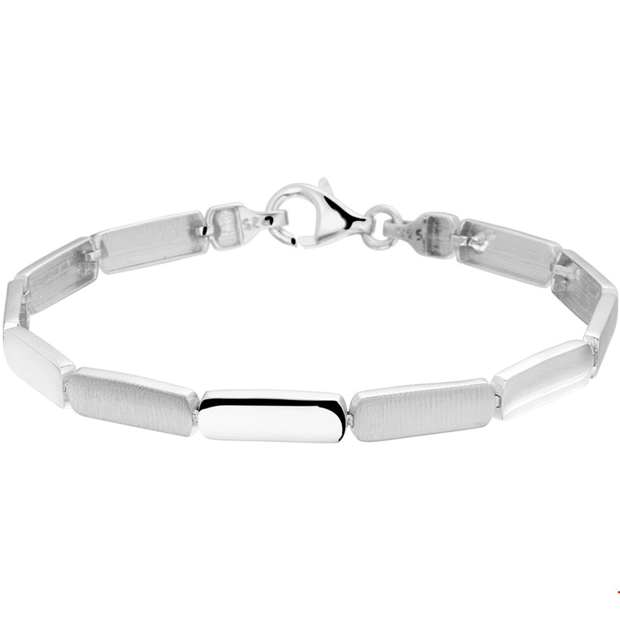 Beschrijving: Chique gerhodineerd poli mat zilveren armband met strakke schakels van 5.2mm breed uitgevoerd met een stevige karabijn sluiting. De armband heeft om en om poli en matte schakels en stralen Gerhodineerd poli-mat zilveren 5.2mm brede armband met strakke schakels uitgevoerd met een karabijn sluiting. De armband is te combineren met bijpassende sieraden uit onze collectie.