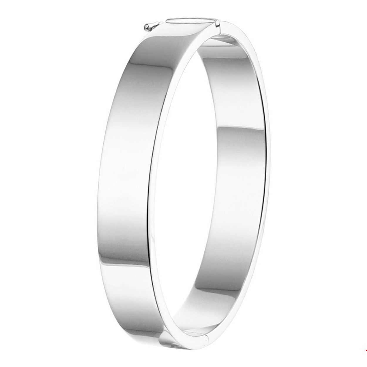 Zilveren bangle met een vlakke buis en een diameter van 65mm en een breedte van 10mm. De bangle is uitgevoerd met een stevig scharnier sluiting. De bangle afgewerkt met een rhodiumlaag die het sieraad beschermt tegen krassen en slijtage voor een langdurige glans. Perfect te combineren met andere sieraden uit onze collectie of met sieraden uit je eigen stash!
