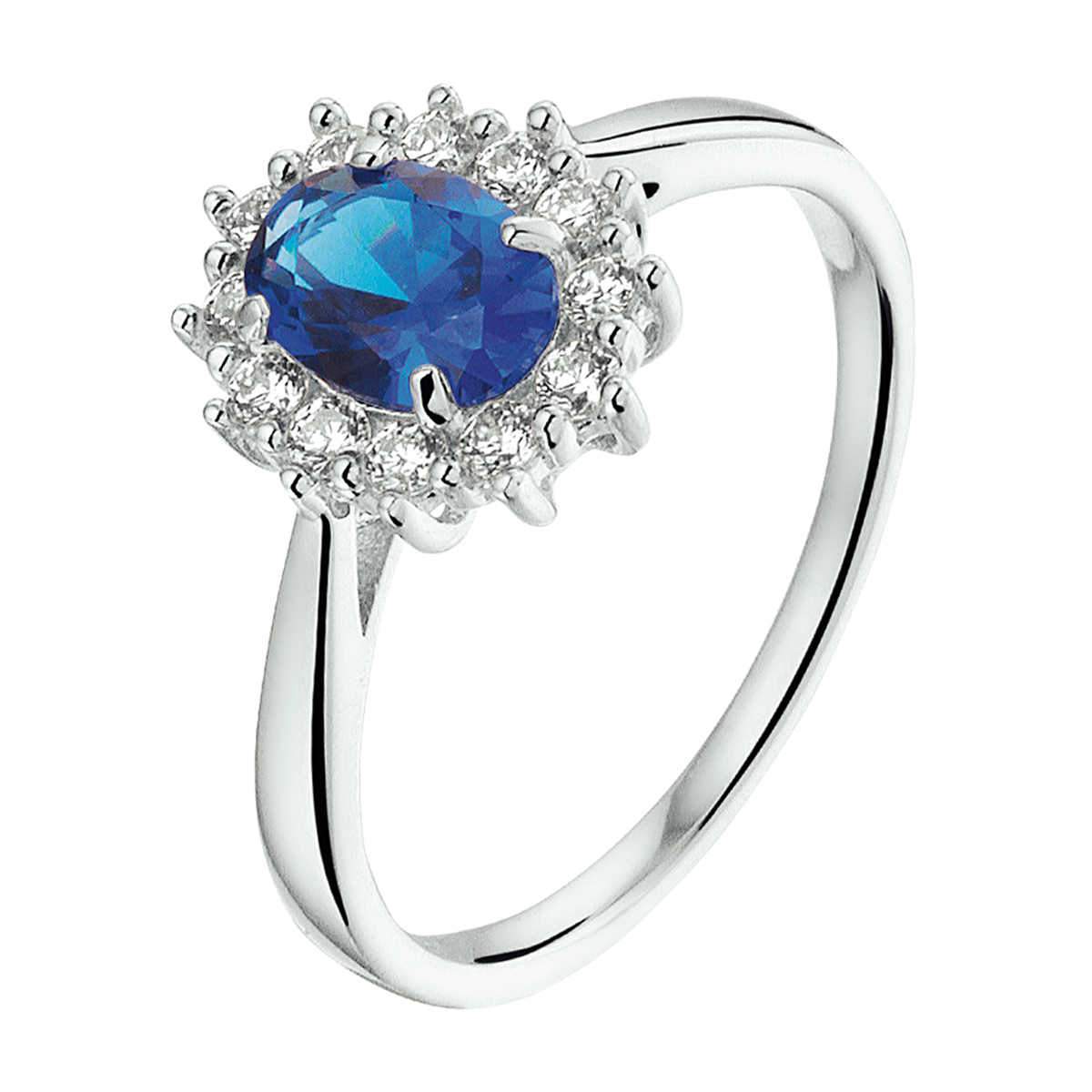 Gerhodineerd zilveren ring met synthetische saffier en zirkonia.