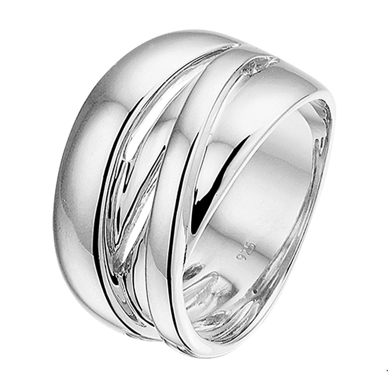 Chique gerhodineerd zilveren ring met een breedte van 12.5mm.