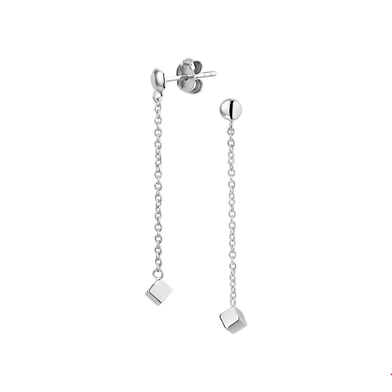 Gerhodineerd zilveren oorhangers uitgevoerd met blokjes van 6.5x4.5mm welke met elkaar verbonden zijn door een anker schakel. De totale lengte van de oorhangers is 4cm.