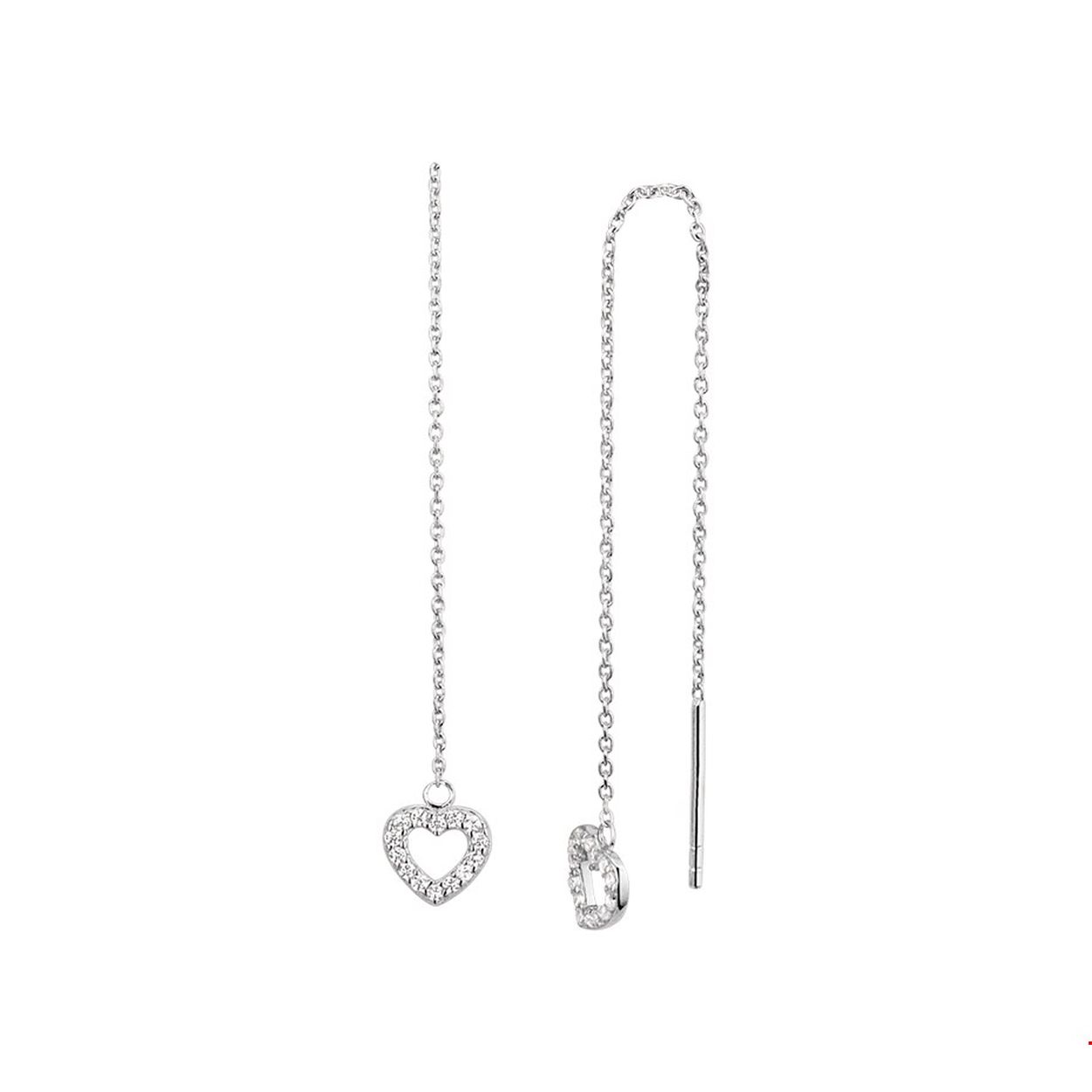Trendy gerhodineerd zilveren dootrekoorbellen van 9cm uitgevoerd met een anker schakel met aan het eind een hart van briljant geslepen zirkonia in een rijzetting. Het hartje heeft een afmeting van 6x6.5mm. Tip: Perfect om kado te doen aan dierbaren of je geliefde!.