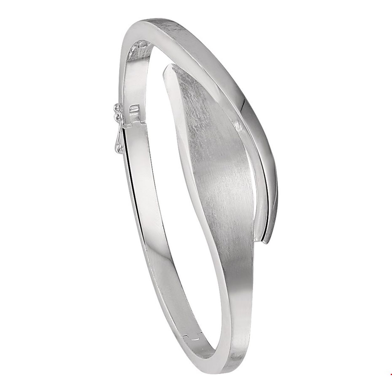 Beschrijving: Gerhodineerd zilveren bangle armband met een poli/matte afwerking en een scharnier-sluiting. 
Verpakt per: 1
Doelgroep: dames
Breedte: 16 mm