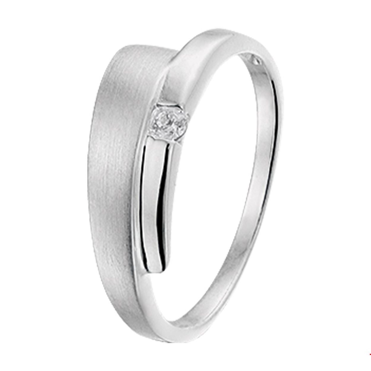 Zilveren dames ring van 6.5mm breed uitgevoerd met een zirkonia en een poli/matte afwerking.