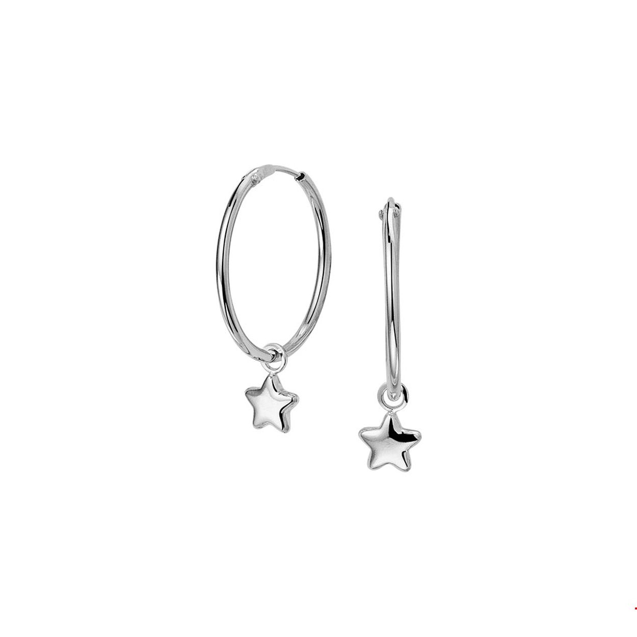 Gerhodineerd zilveren oorringen met een afmeting van 23.5x1.5mm uitgevoerd met een ster van 10.5x7mm. Tip: Leuk om kado te geven aan je geliefde of dierbare!. Info: Gerhodineerd zilver is door de rhodiumlaag beter bestand tegen verkleuren en krassen.