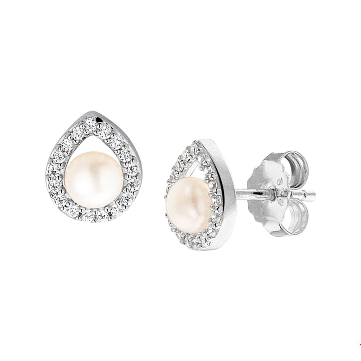 Chique gerhodineerd zilveren oorknoppen van 9x7.5mm uitgevoerd met een druppelvormige rijzetting van  briljant geslepen zirkonia en een zoetwaterparel van 4.5mm. Het design in combinatie met de blinkende zirkonia stenen zorgen voor een glamorous en elegante look. Deze oorsieraden zijn perfect voor die ene avond waar je wilt stralen met exclusieve sieraden met een unieke look.