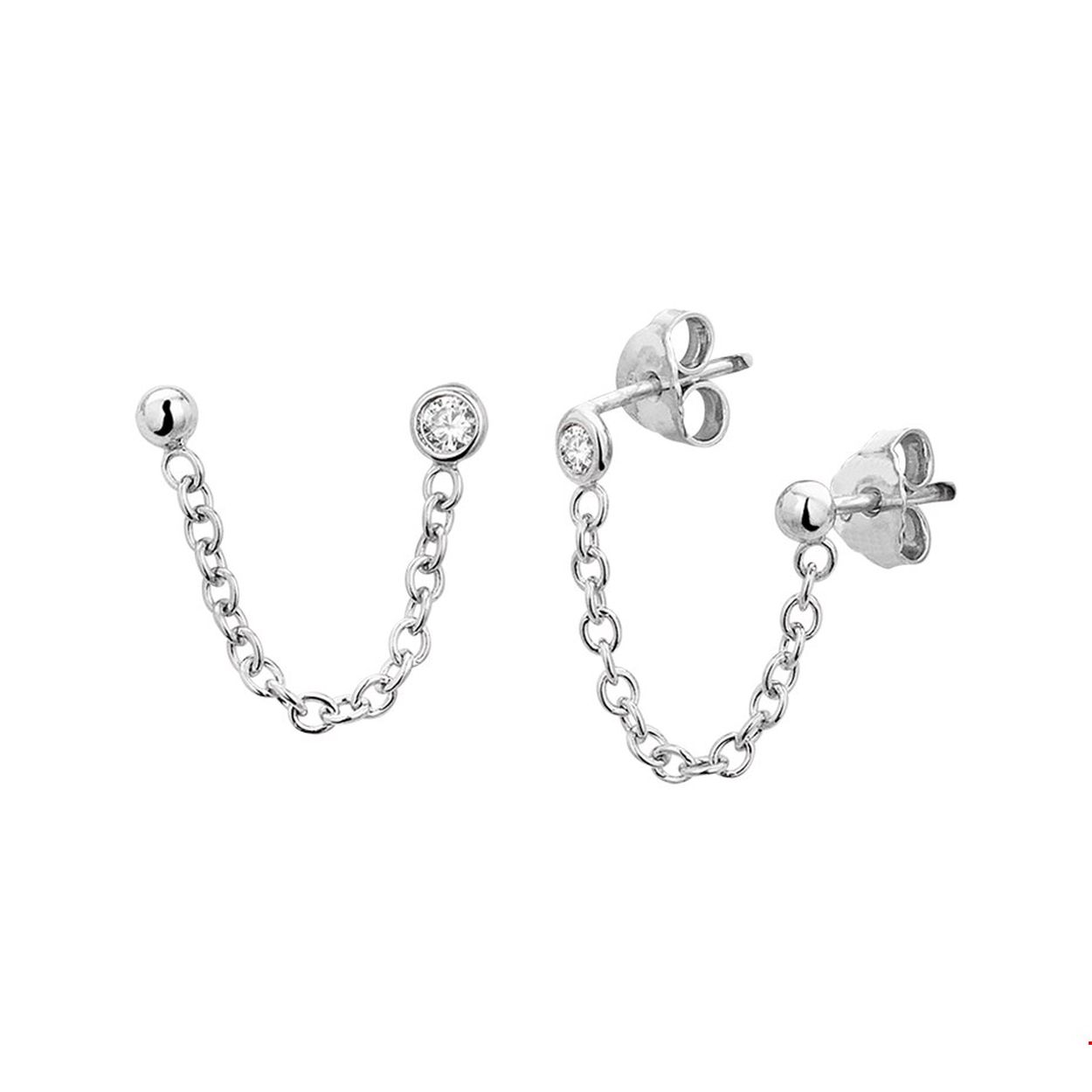 Trendy gerhodineerd zilveren oorknop voor meerdere gaatjes met een totale lengte van 3.6cm uitgevoerd met een bolletje van 3mm en een zirkonia in een kast van 4mm. Info: Gerhodineerd zilver is door de rhodiumlaag beter bestand tegen verkleuren en krassen.