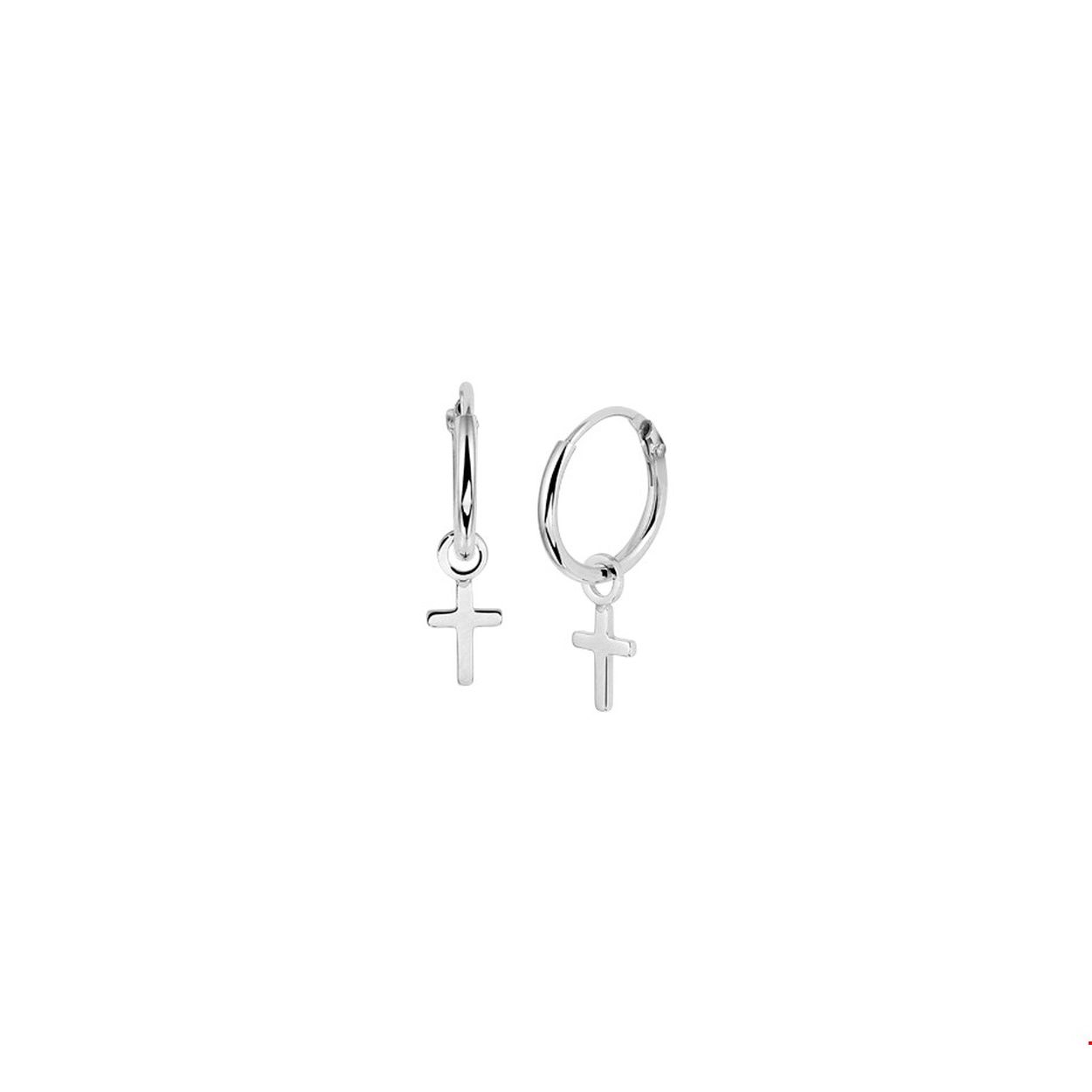 Gerhodineerd zilveren oorringen met een afmeting van 12x1.5mm uitgevoerd met een kruis van 7x5.2mm. Info: Gerhodineerd zilver is door de rhodiumlaag beter bestand tegen verkleuren en krassen.