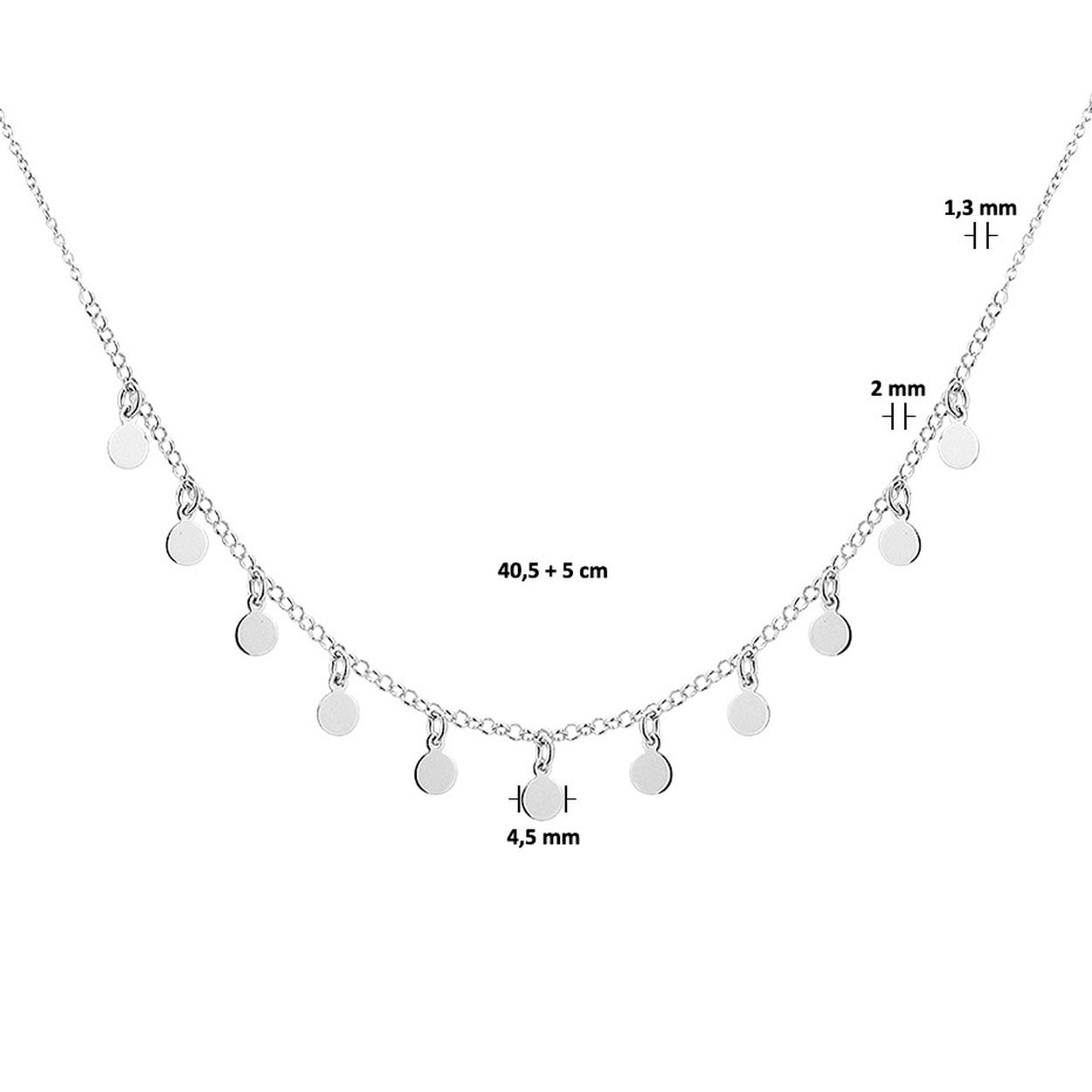 Beschrijving: Fijn gerhodineerd zilveren collier met een 1.3 en 2.0mm anker schakel en een draaglengte van 40,5cm met een extensie van 5cm. Het collier is uitgevoerd met elf rondjes van 4.5mm met een poli afwerking. Tip: Combineer dit collier met bijpassende sieraden uit onze collectie en maak zo een mooie set. INFO: Gerhodineerd zilver is door de rhodiumlaag beter bestand tegen verkleuren en krassen.
Verpakt per: 1
Doelgroep: dames
Kortste lengte: 40.5 mm
Langste lengte: 45.5 mm