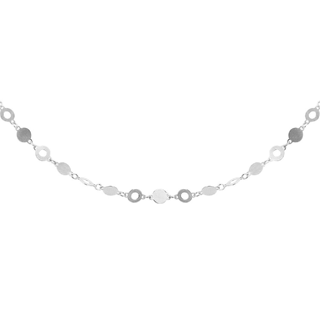 De collier is gemaakt van gerhodineerd zilver en is zilverkleurig. Het is een sieraad voor dames.