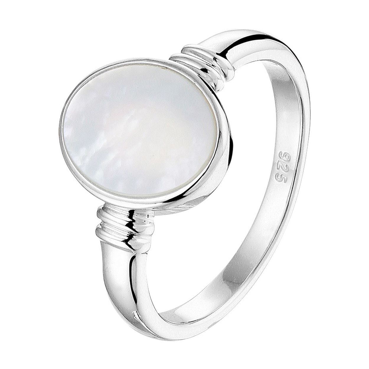 Stijlvolle gerhodineerd zilveren ring met witte parelmoer en een poli afwerking. Info: Gerhodineerd zilver is door de rhodiumlaag beter bestand tegen verkleuren en krassen.