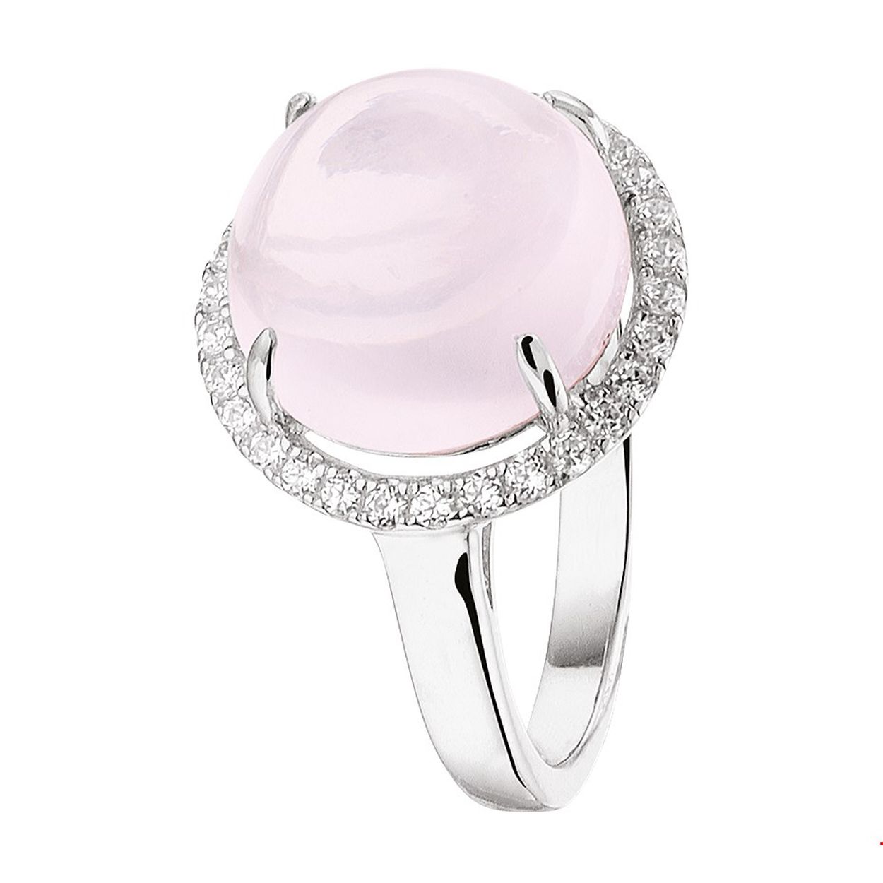 Gerhodineerd zilveren ring uitgevoerd met een roze kwarts van 12mm. De combinatie met een rozet van schitterende zirkonia stenen maken deze ring tot een ware eyecatcher. Tip: Leuk om kado te geven! Info: Gerhodineerd zilver is door de rhodiumlaag beter bestand tegen verkleuren en krassen.

Ringmaat: 17.75 mm (56)
