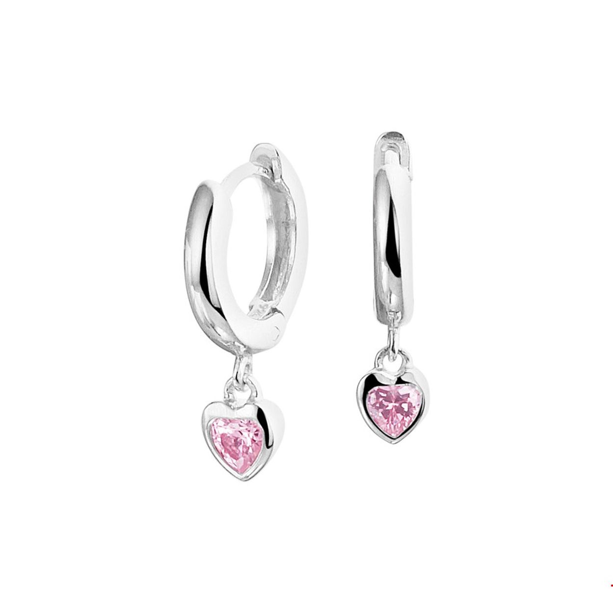 Gerhodineerd zilveren oorringen met een hartje en een schitterende roze zirkonia. De oorringen hebben een diameter van 10.5mm en een breedte van 2mm. 