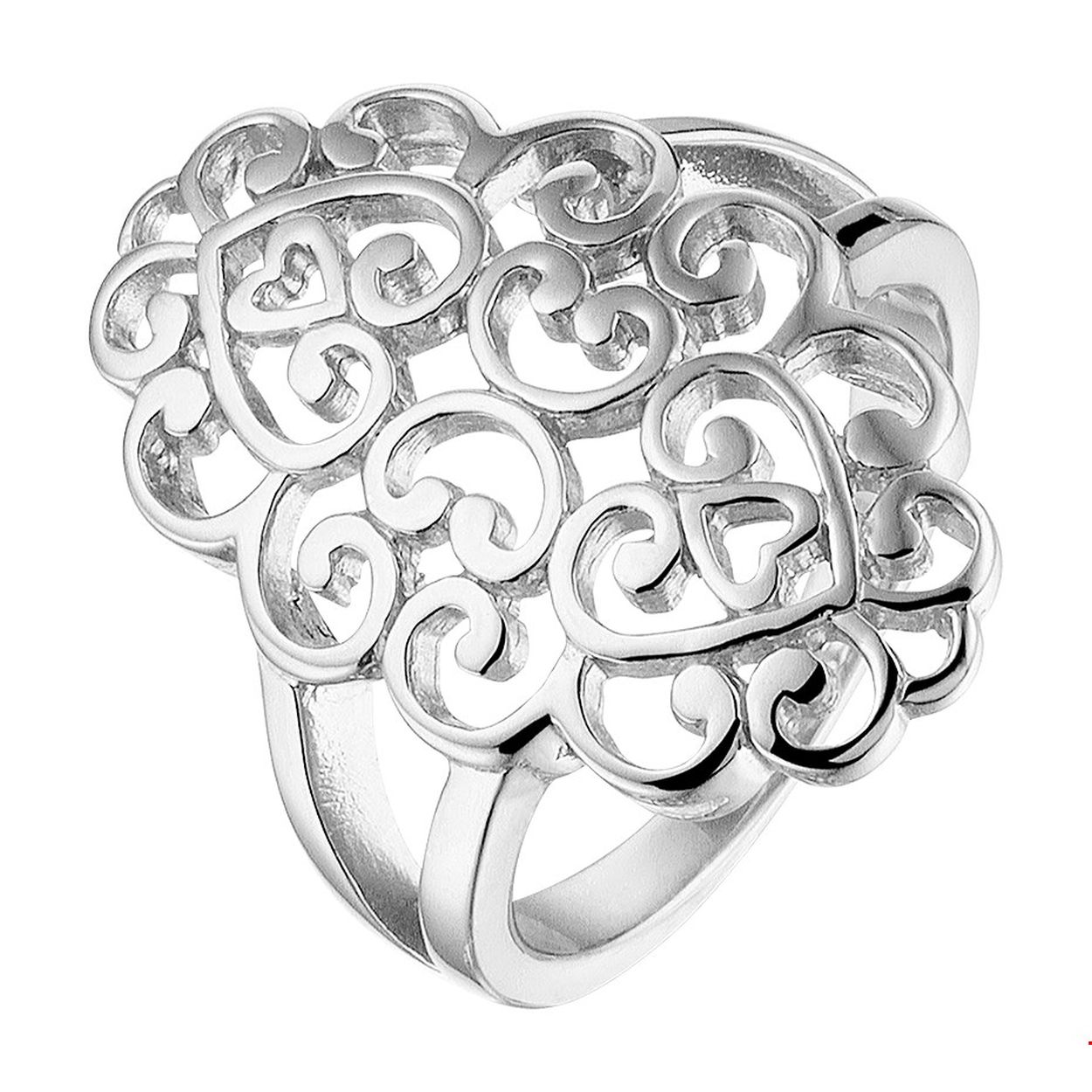 Gerhodineerd zilveren ring met een filigrain design. De trendy ring met hartjes in het ontwerp is door zijn sierlijke vormen perfect te combineren met andere sieraden uit onze collectie of uit je eigen stash! Info: Gerhodineerd zilver is door de rhodiumlaag beter bestand tegen verkleuren en krassen.