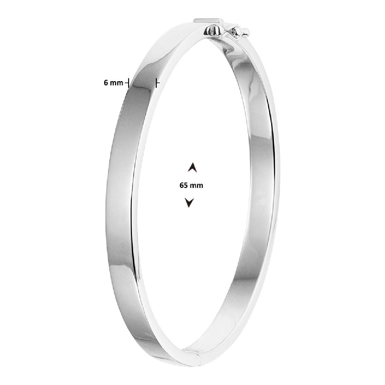 Deze prachtige zilveren bangle heeft een scharnier waardoor hij gemakkelijk om en af te doen is. Het is 6,0 mm breed en 65 mm in omtrek, waardoor het perfect is voor dagelijkse slijtage of speciale gelegenheden. Draag het alleen voor een subtiele touch of stapel het met andere armbanden voor een meer dramatische look. Een tijdloos stuk dat je outfit compleet maakt!