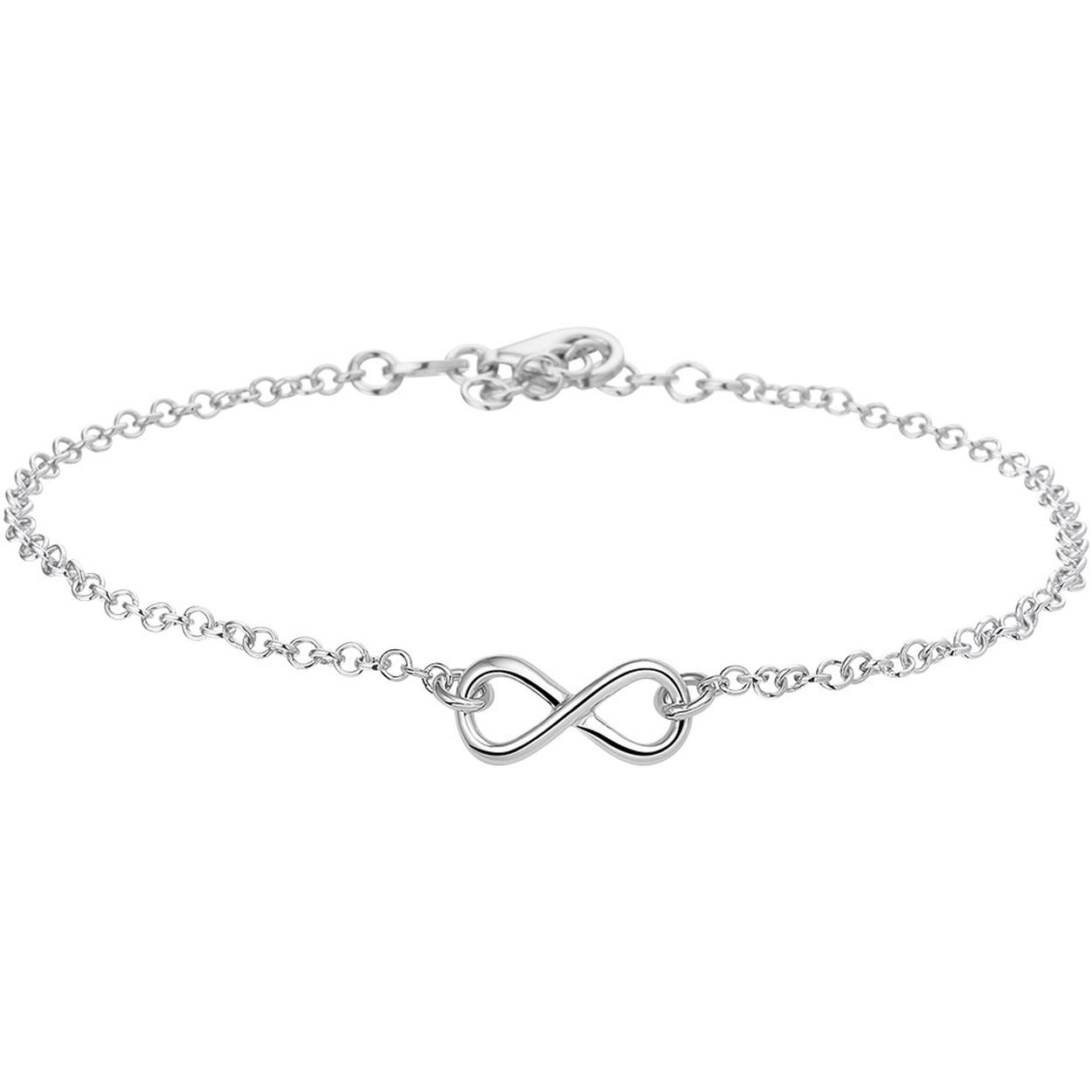 Beschrijving: Trendy gerhodineerd zilveren enkelbandje met een infinity symbool uitgevoerd met een stevige karabijn sluiting. Infinity symboliseert de eeuwige gebondenheid. Dit fijne enkelbandje is goed te combineren met bijpassende sieraden uit onze collectie. De lengte bedraagt 24cm met een extensie van 2cm en de schakelbreedte is 2.1mm. 
Doelgroep: dames
Breedte: 15.5 mm
Kortste lengte: 24 mm
Langste lengte: 26 mm
Hoogte: 7 mm
