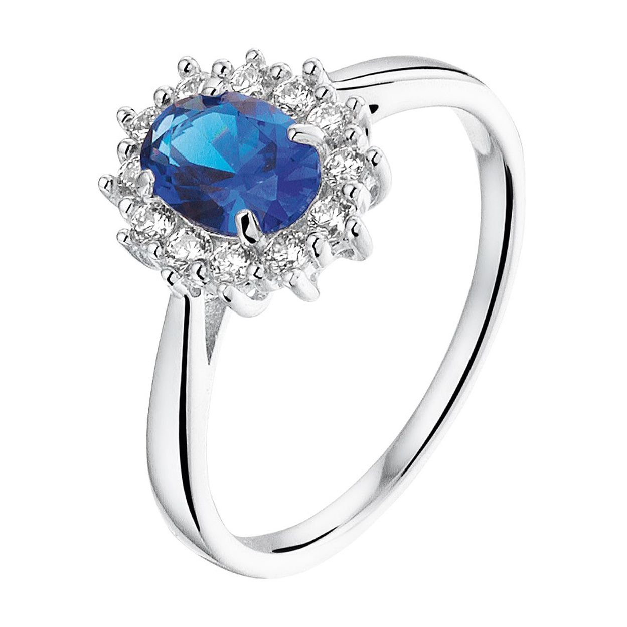 Gerhodineerd zilveren ring met synthetische saffier en zirkonia.