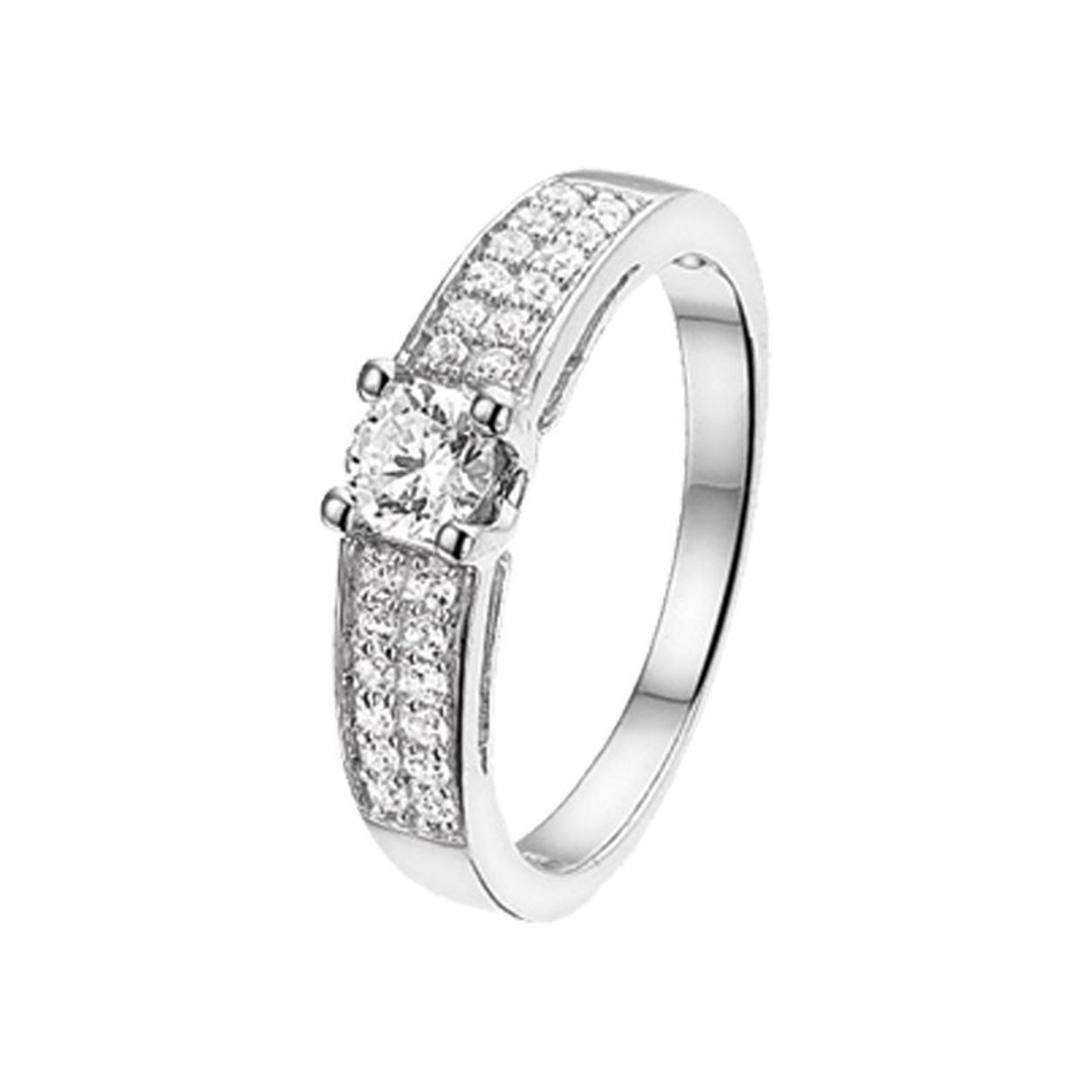 Zilver gerodineerde ring met zirkonia's, gezet in een pavézetting. De middensteen heeft een diameter van 4.5mm