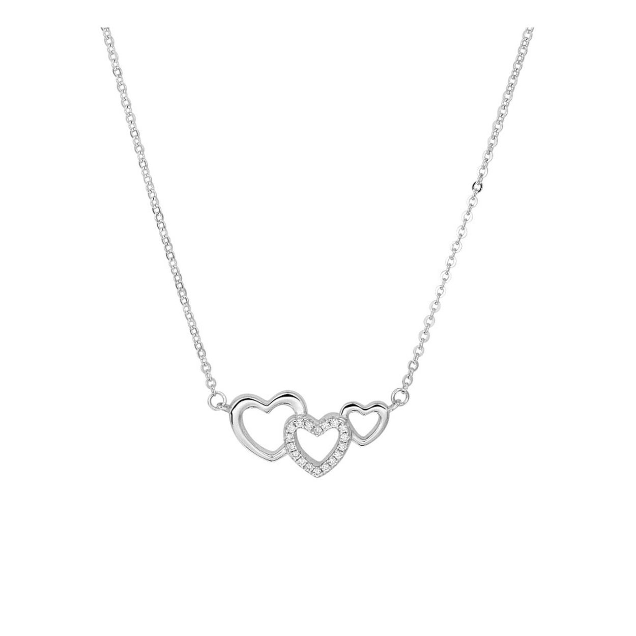 Romantisch gerhodineerd zilveren collier met hartjes en schitterende zirkonia. Met een draaglengte van 40cm en een extensie van 4cm uitgevoerd met een stevige karabijn sluiting. 