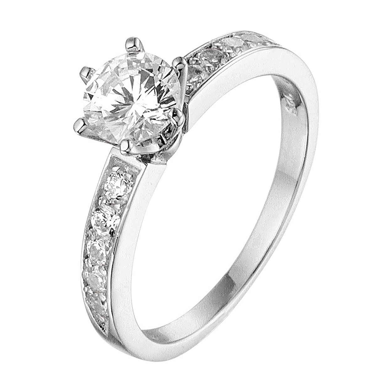 Chique klassiek gerhodineerd zilveren ring met een solitair briljant geslepen en een rij van schitterende zirkonia. De ring heeft een breedte van 7.5mm en is perfect te combineren met bijpassende sieraden uit onze collectie. Info: Gerhodineerd zilver is door de rhodiumlaag beter bestand tegen verkleuren en krassen.