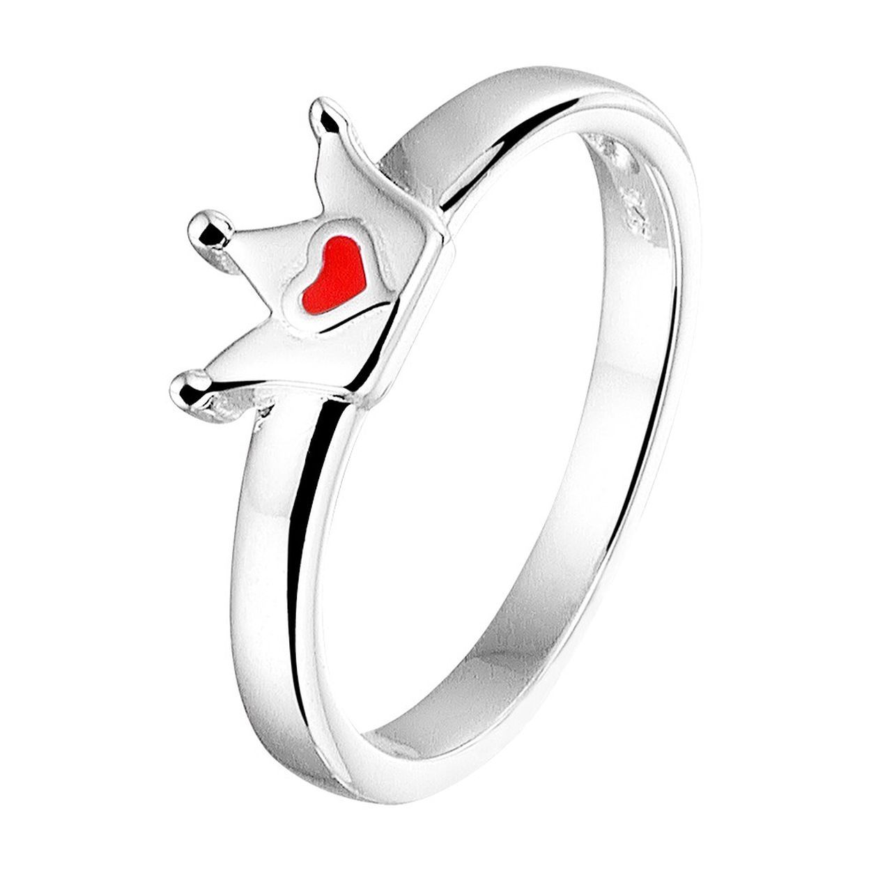 Schattige gerhodineerd zilveren ring met een kroontje en een breedte van 5mm. Uitgevoerd met een hartje in rode emaille. Deze ring is perfect te combineren met bijpassende sieraden uit onze collectie. Tip: Leuk om kado te geven! Info: Gerhodineerd zilver is door de rhodiumlaag beter bestand tegen verkleuren en krassen.