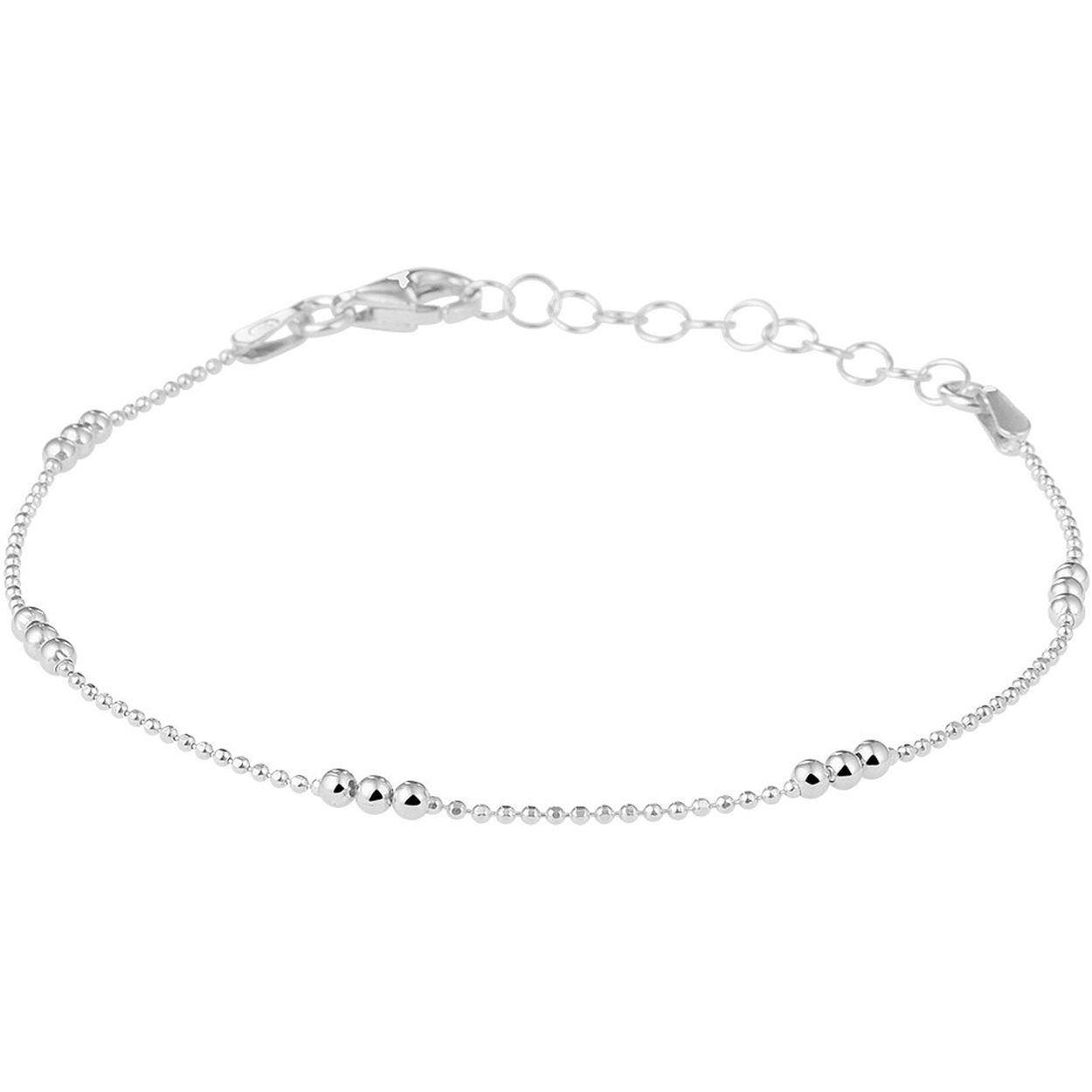 Trendy gerhodineerd zilveren armband uitgevoerd met bolletjes van 1 en 2mm. De armband heeft een stevige karabijn sluiting en een draaglengte van 16cm met een extensie van 3cm. Tip: Combineer de armband met een bijpassend collier en maak zo een leuke set!