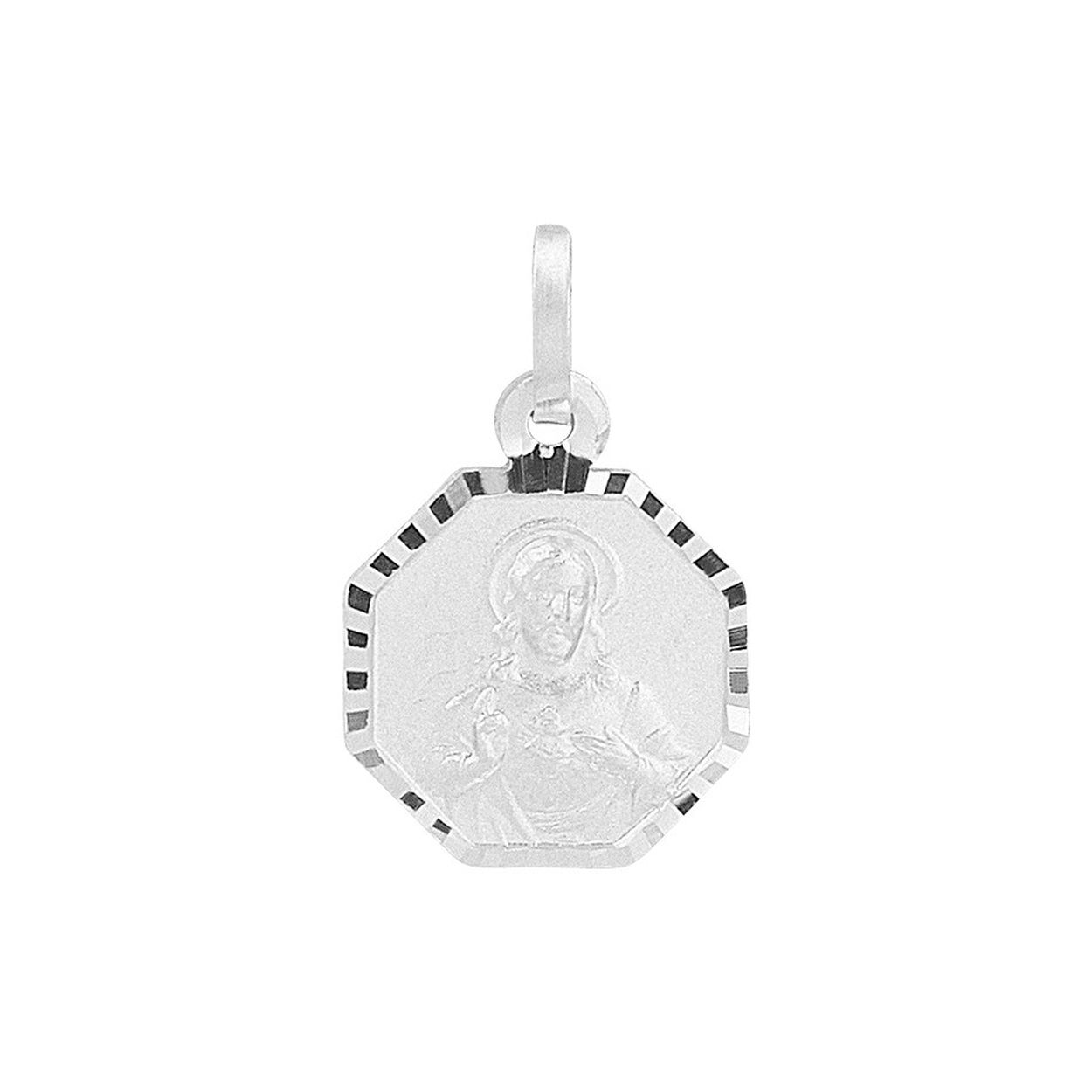 Gerhodineerd zilveren dubbelzijdige scapulier hanger met afmetingen van 13x10.5mm en een totale hoogte van 17mm. De hanger is goed te combineren met een bijpassend collier uit onze collectie.