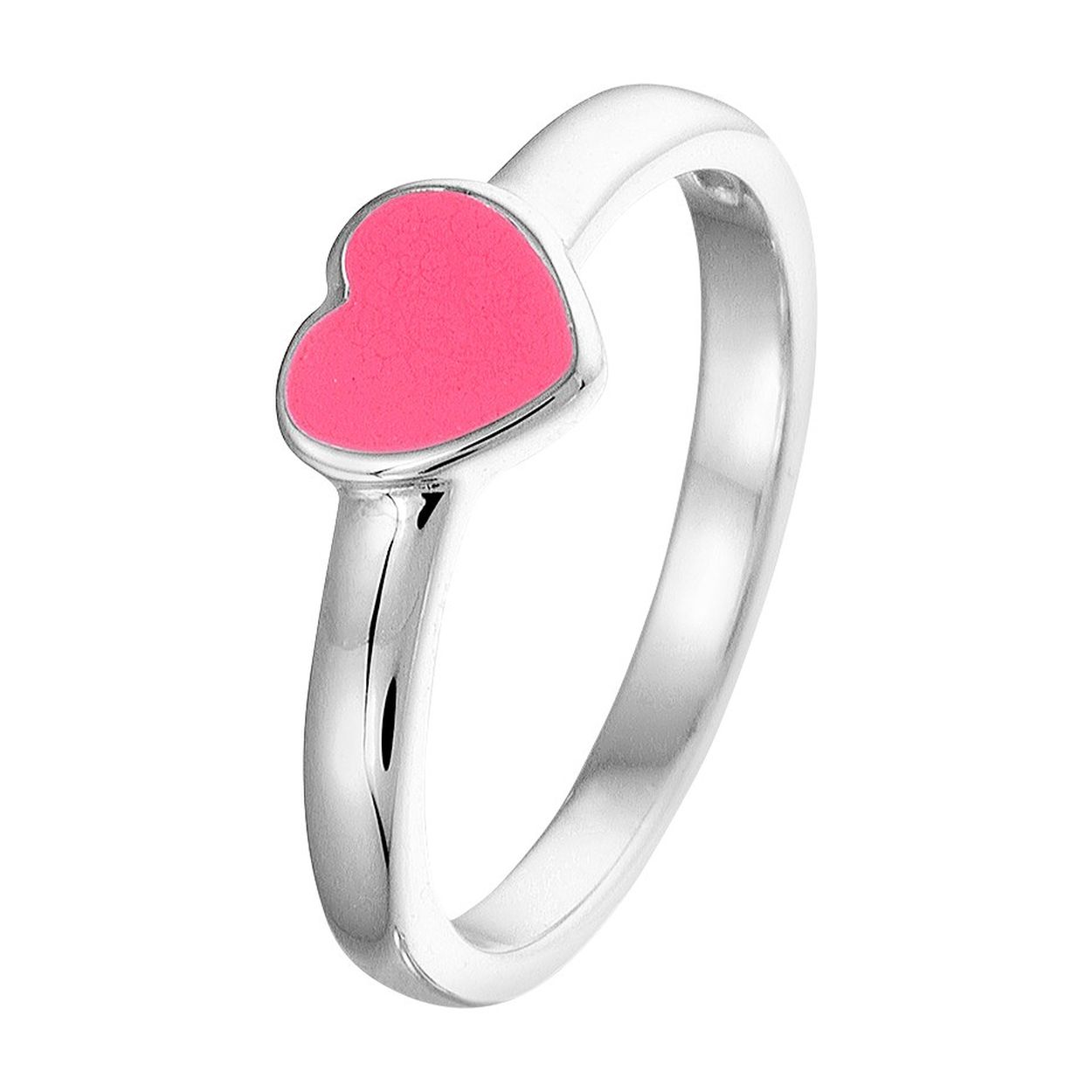 Schattige gerhodineerd zilveren ring met een hartje in donkerroze emaille. De ring heeft een breedte van 5.5mm en is goed te combineren met bijpassende sieraden uit onze collectie. Tip: Leuk om kado te geven! Info: Gerhodineerd zilver is door de rhodiumlaag beter bestand tegen verkleuren en krassen.