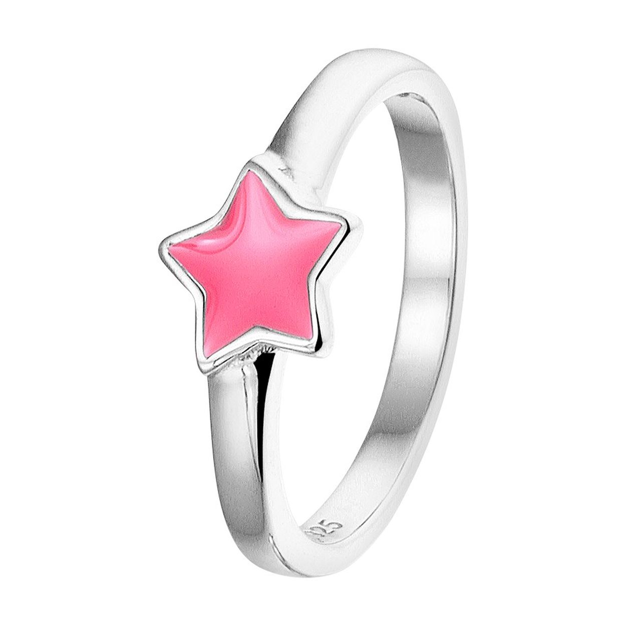 Schattige gerhodineerd zilveren ring met een ster in donkerroze emaille. De ring heeft een breedte van 6mm en is goed te combineren met bijpassende sieraden uit onze collectie. Tip: Leuk om kado te geven! Info: Gerhodineerd zilver is door de rhodiumlaag beter bestand tegen verkleuren en krassen.