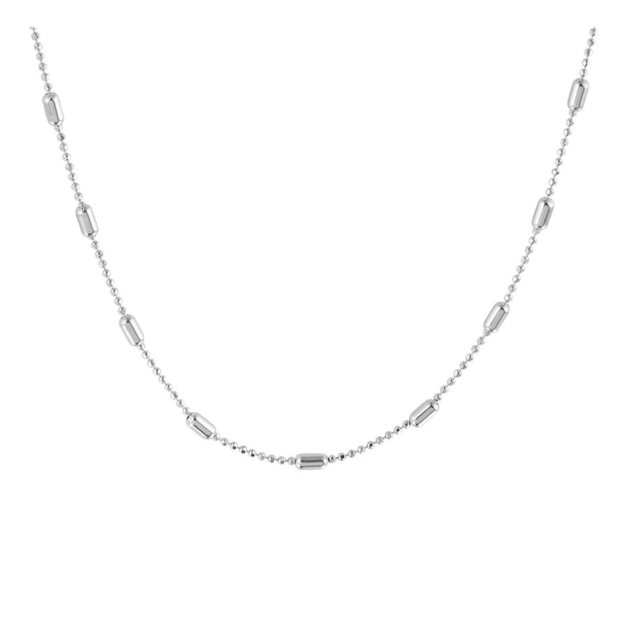 Beschrijving: Trendy gerhodineerd zilveren collier uitgevoerd met bolletjes van 1mm en staafjes van 2mm. Het collier heeft een stevige karabijn sluiting en een draaglengte van 40cm met een extensie van 4cm. Tip: Combineer het collier met een bijpassende armband en maak zo een leuke set!
Verpakt per: 1
Doelgroep: dames
Breedte: 2 mm
Kortste lengte: 40 mm
Langste lengte: 44 mm