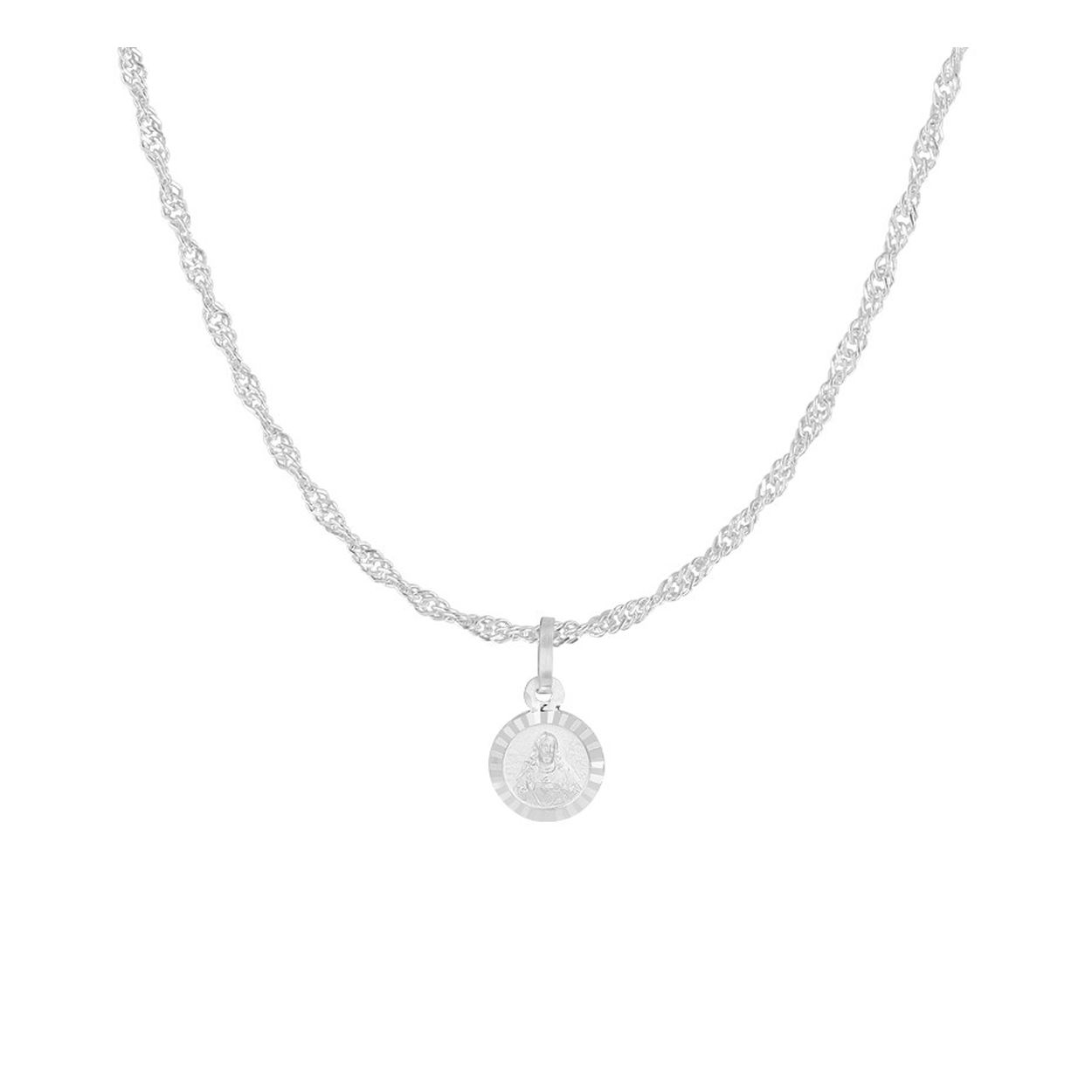 Beschrijving: Vintage gerhodineerd zilveren collier met een dubbelzijdige scapulier hanger met een diameter van 8mm. Het collier heeft een draaglengte van 41cm en een extensie van 4cm. Dit collier geeft je look direct een chique en stijlvolle uitstraling.

Kortste lengte: 41 mm
Langste lengte: 45 mm