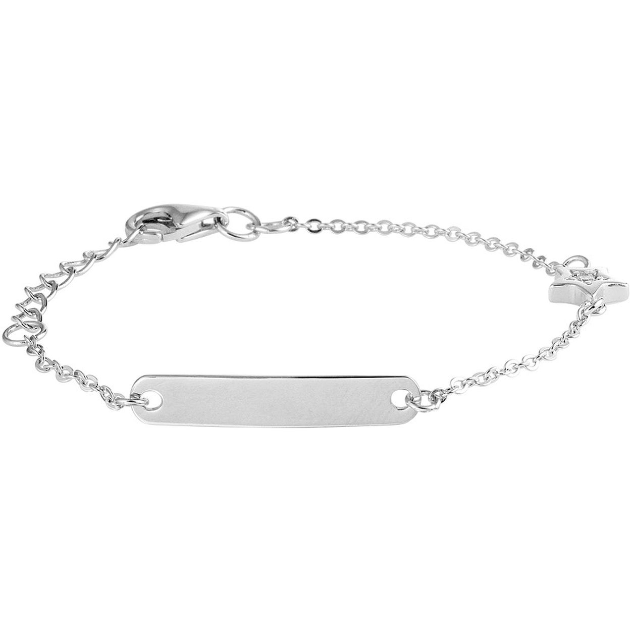 Beschrijving: Gerhodineerd zilveren graveerarmband uitgevoerd met een ster bedel met een schitterende zirkonia. De armband heeft een lengte van 11cm en een extensie van 2cm. Het graveerplaatje heeft een afmeting van 4x21.5mm en de ster heeft een hoogte van 6.5mm. Info: Gerhodineerd zilver is door de rhodiumlaag beter bestand tegen verkleuren en krassen.
Doelgroep: kinderen
Breedte: 21.5 mm
Kortste lengte: 11 mm
Langste lengte: 13 mm
Hoogte: 4 mm