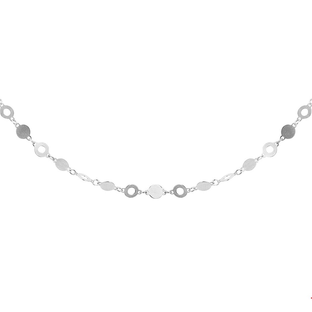 Beschrijving: Dit trendy gerhodineerd zilveren collier heeft een draaglengte van 80cm en een stevige karabijn sluiting. Het collier is uitgevoerd met open en gesloten rondjes van 4mm. Info: Gerhodineerd zilver is door de rhodiumlaag beter bestand tegen verkleuren en krassen.