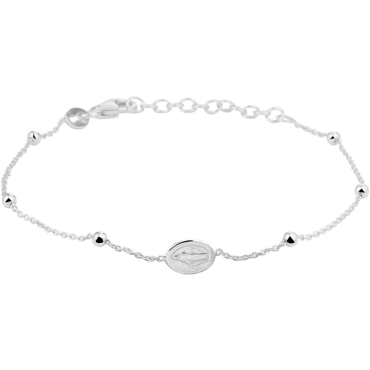 Beschrijving: Vintage gerhodineerd zilveren armband met een dubbelzijdige scapulier hanger met een afmeting van 5.5x8mm en poli afgewerkte bolletjes van 2.5mm. De armband heeft een draaglengte van 16cm en een extensie van 3cm. Deze armband is uitgevoerd met een stevige karabijn sluiting en geeft je look direct een chique en stijlvolle uitstraling.