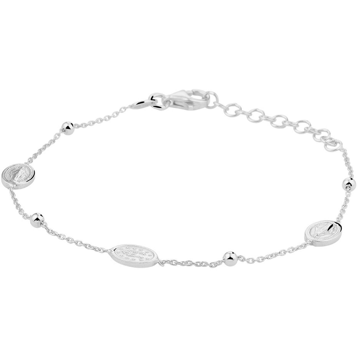 Vintage gerhodineerd zilveren armband met dubbelzijdige scapulier hangers met een afmeting van 5.5x8mm en poli afgewerkte bolletjes van 2.5mm. De armband heeft een draaglengte van 16cm en een extensie van 3cm. Deze armband is uitgevoerd met een stevige karabijn sluiting en geeft je look direct een chique en stijlvolle uitstraling.