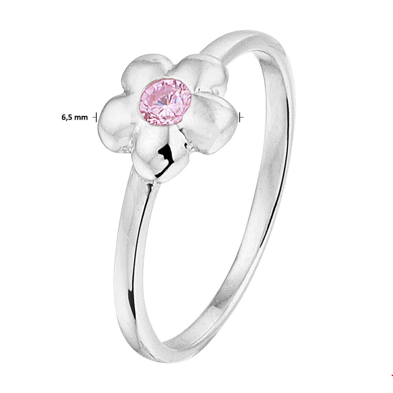 Beschrijving: Schattige gerhodineerd zilveren bloem ring met een breedte van 6.5mm. De ring heeft een poli afwerking en is uitgevoerd met roze zirkonia. Tip: Leuk om kado te geven! Info: Gerhodineerd zilver is door de rhodiumlaag beter bestand tegen verkleuren en krassen.