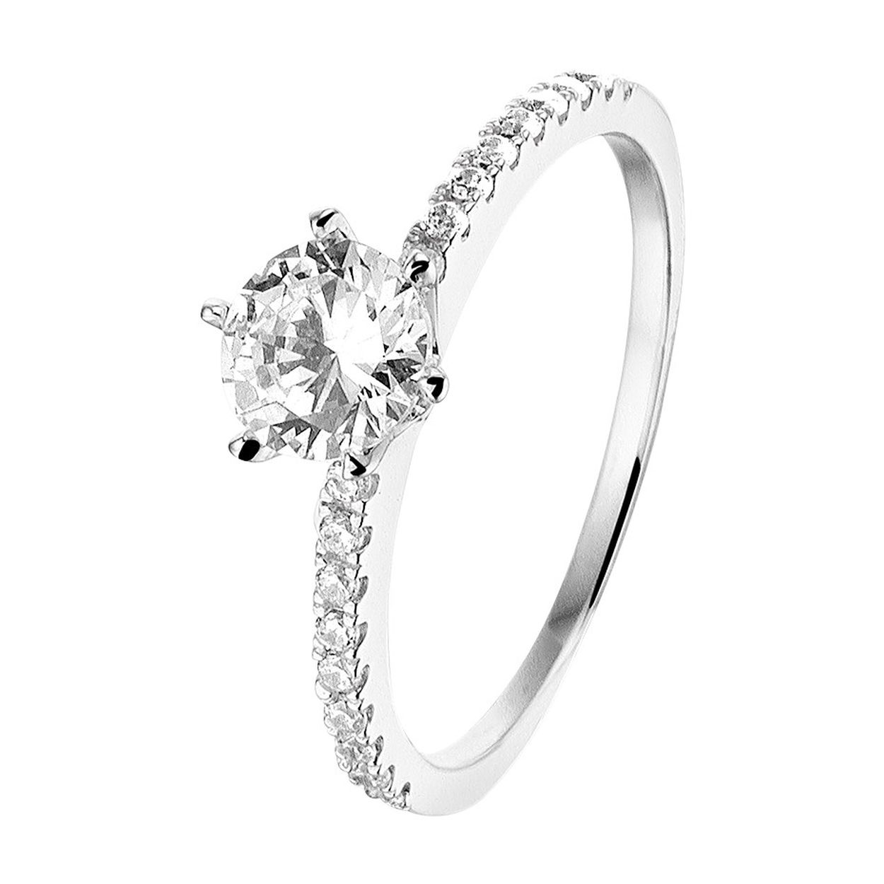 Beschrijving: Gerhodineerd zilveren ring uitgevoerd met een chaton en een rij met heldere zirkonia. Door de eenvoud en het verfijnde ontwerp kan deze ring perfect worden gedragen met andere sieraden. Info: Gerhodineerd zilver is door de rhodiumlaag beter bestand tegen verkleuren en krassen.
