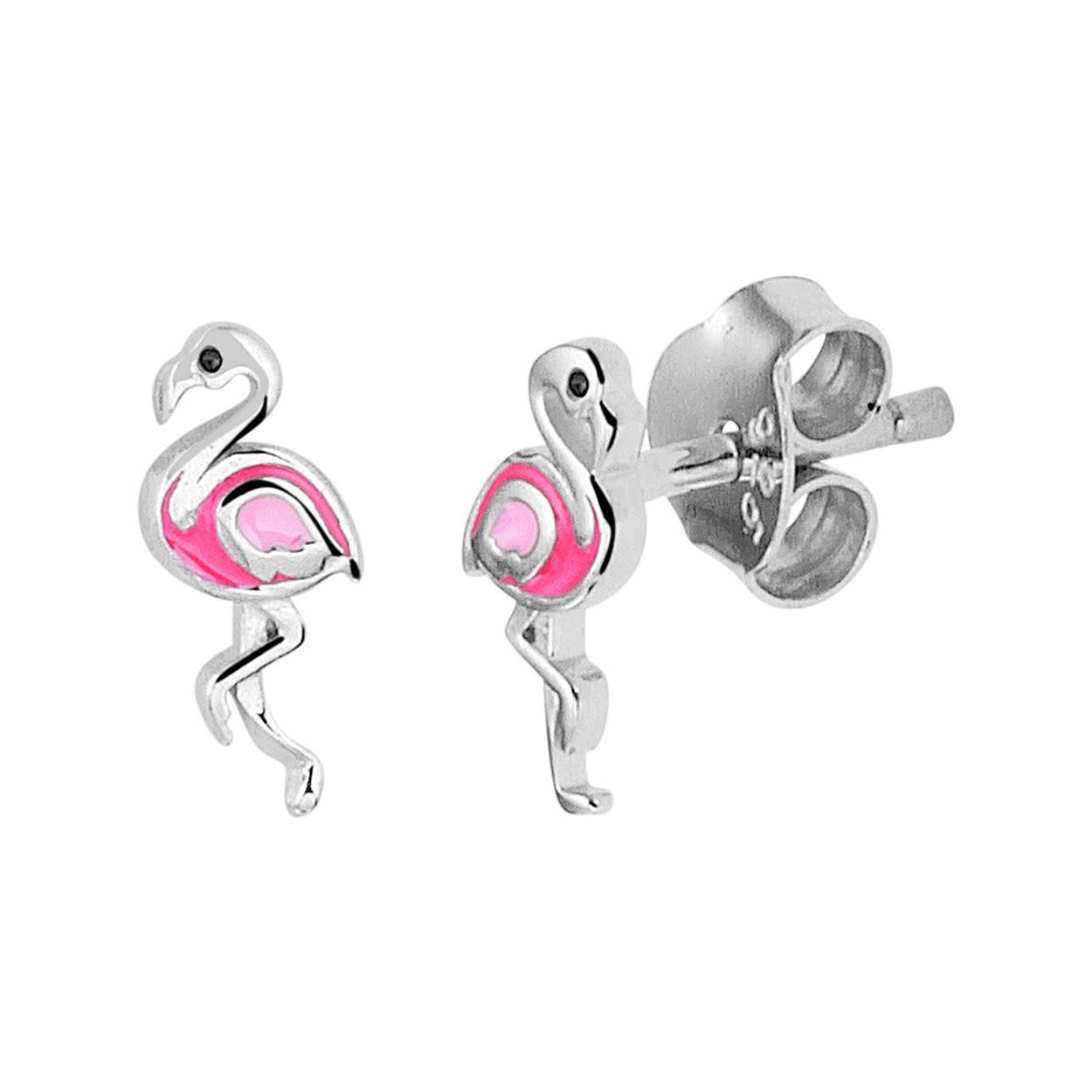 Beschrijving: Schattige gerhodineerd zilveren oorknoppen met roze emaille in de vorm van een flamingo. De oorknoppen hebben een afmeting van 8.5x4.5mm en zijn uitgevoerd met een stevige pouchette sluiting. Tip: Meisjes houden van roze! Dus leuk om kado te doen aan een leuke meid die wil stralen met mooie sieraden. Info: Gerhodineerd zilver is door de rhodiumlaag beter bestand tegen verkleuren en krassen.