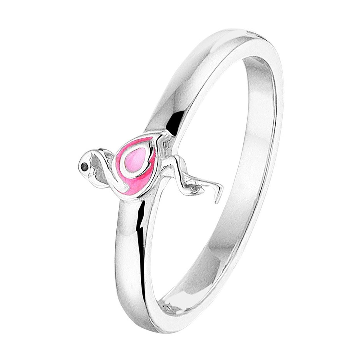 Deze schattige gerhodineerd zilveren met roze emaille flamingo ring heeft een poli afwerking. De ring is te combineren met bijpassende sieraden zodat er een leuke set van te maken is. Tip: Leuk om kado te geven aan kleine dametjes die willen stralen met schattige sieraden. Info: Gerhodineerd zilver is door de rhodiumlaag beter bestand tegen verkleuren en krassen.