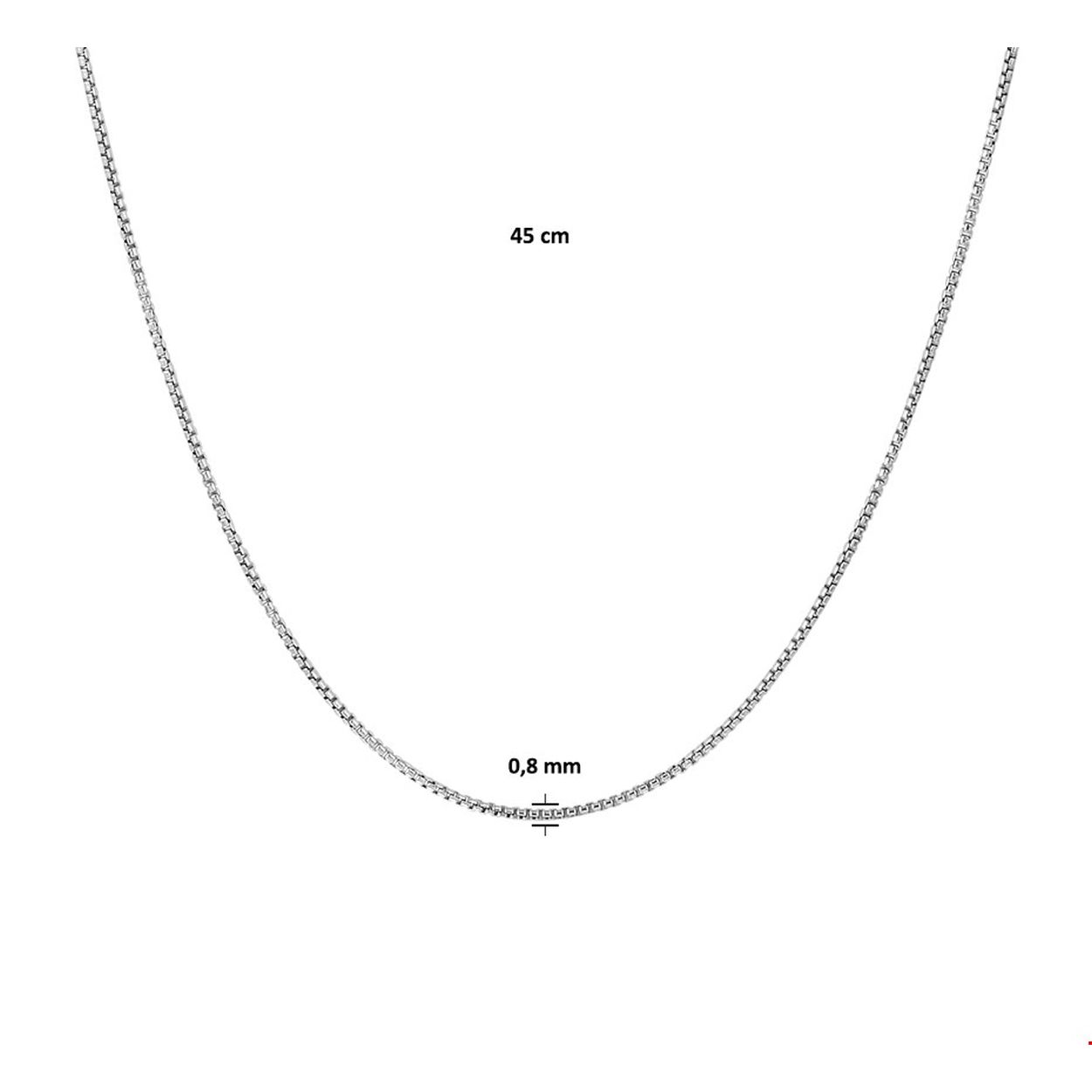 Beschrijving: Gerhodineerd zilveren collier met een venetiaanse schakel van 0.8mm. Het collier heeft een draaglengte van 45cm. Info: Gerhodineerd zilver is door de rhodiumlaag beter bestand tegen verkleuren en krassen.