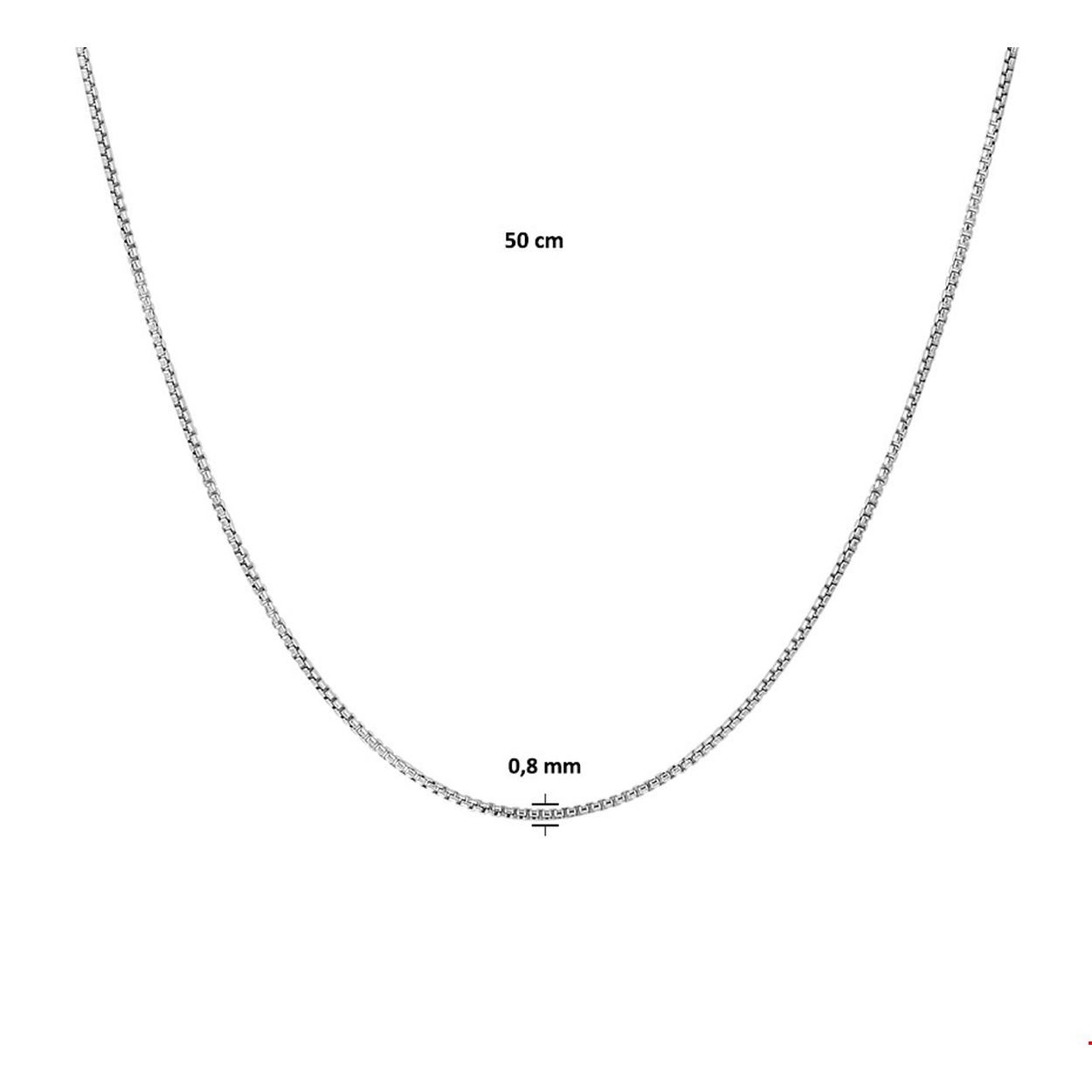 Gerhodineerd zilveren collier met een venetiaanse schakel van 0.8mm. Het collier heeft een draaglengte van 50cm. Info: Gerhodineerd zilver is door de rhodiumlaag beter bestand tegen verkleuren en krassen.