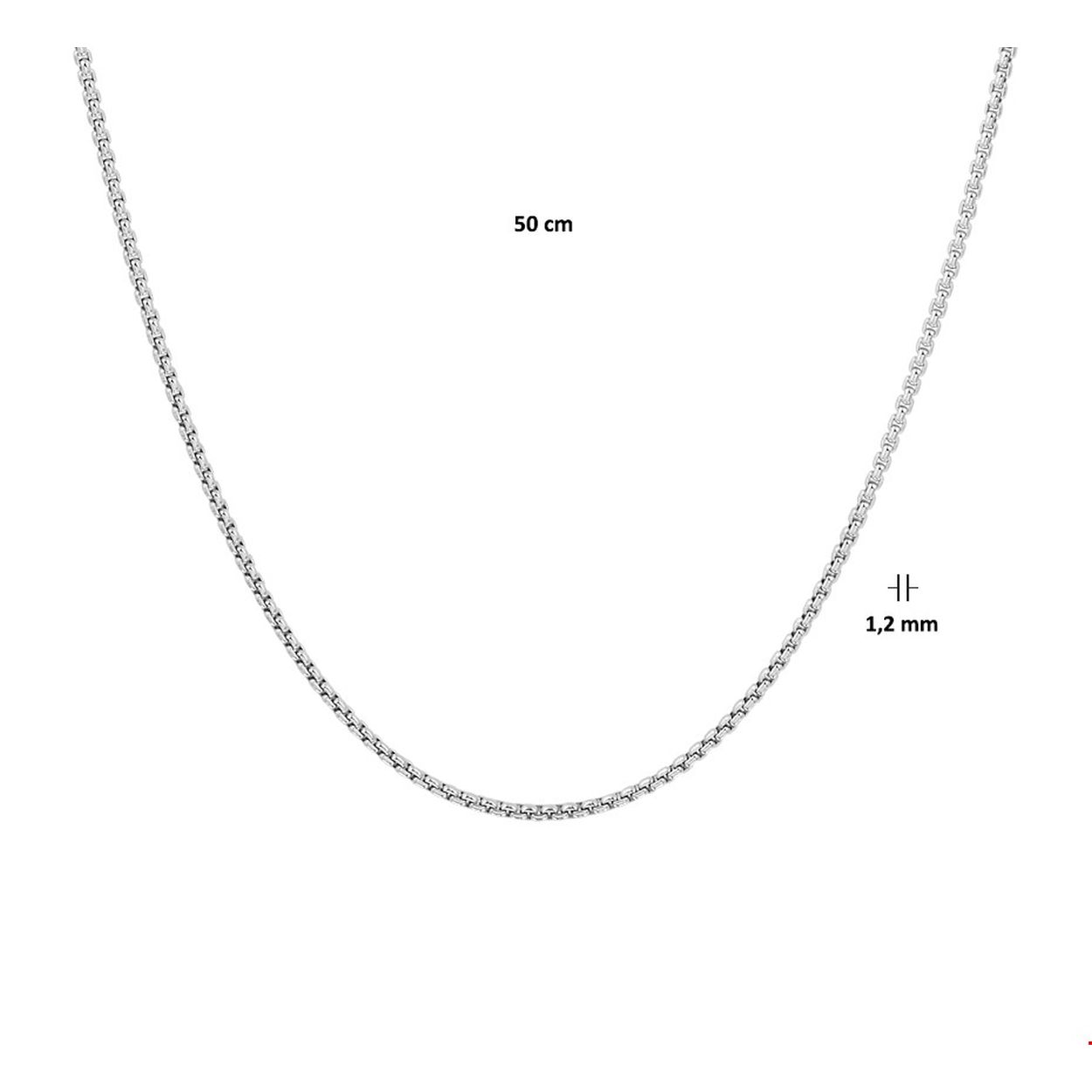 Gerhodineerd zilveren collier met een ronde venetiaanse schakel van 1.2mm. Het collier heeft een draaglengte van 50cm en is uitgevoerd met een stevige karabijn sluiting.  Gerhodineerd zilver is door de rhodiumlaag beter bestand tegen verkleuren